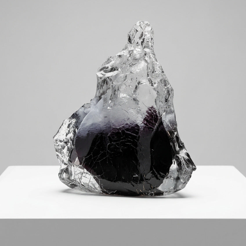 A clear, rough-edged glass sculpture resembling a stylized animal head or abstract organic form, resting on a white pedestal in an indoor gallery setting.
