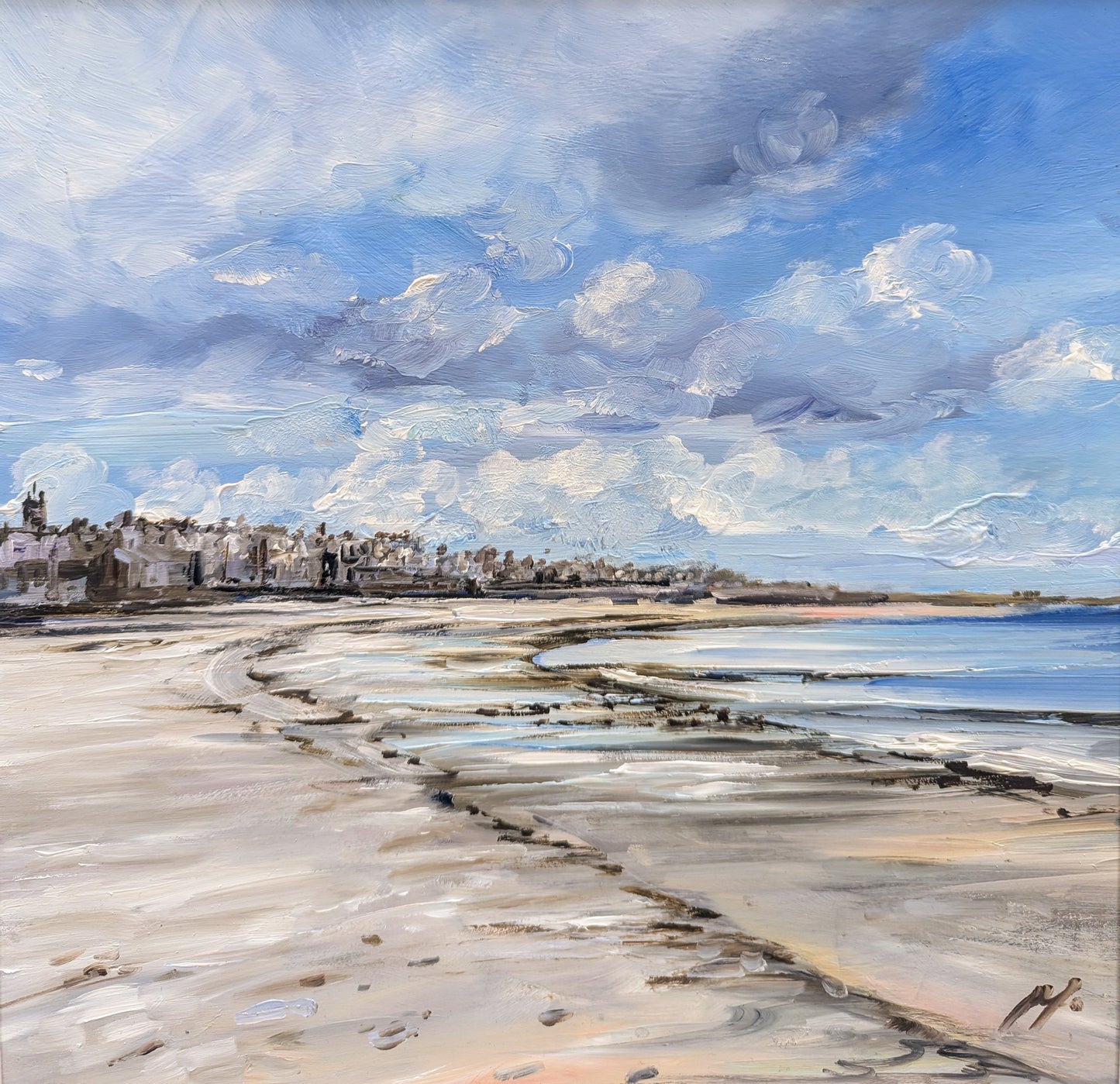 Painting of a coastal scene at North Berwick with a town, beach, and sky.