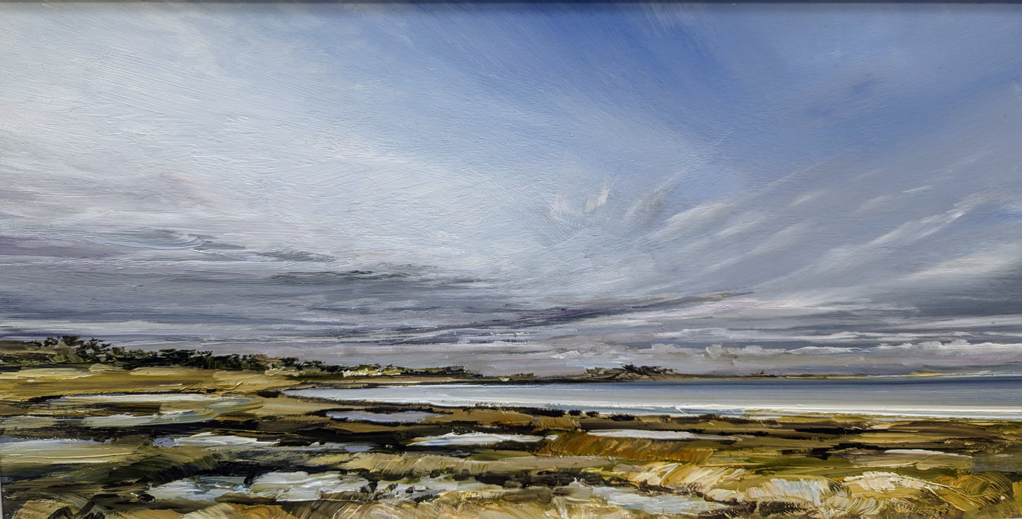 Painting of a landscape with a large sky and ground