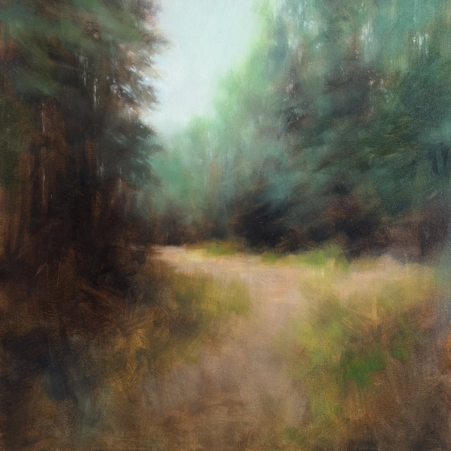 Painting of a forest path with trees on both sides