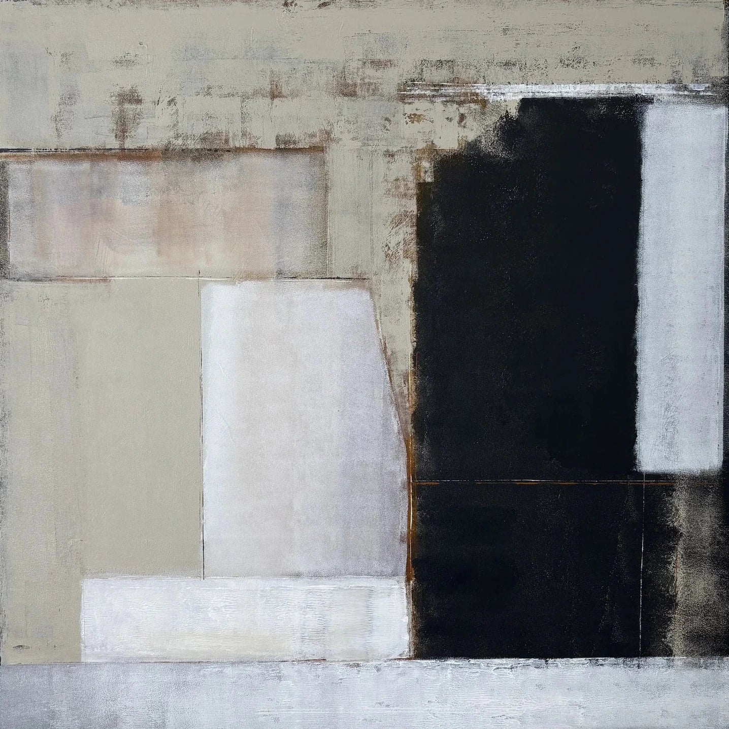 An abstract geometric painting featuring blocks of black, off-white, beige, and gray with textured brushstrokes and a thin dark border.
