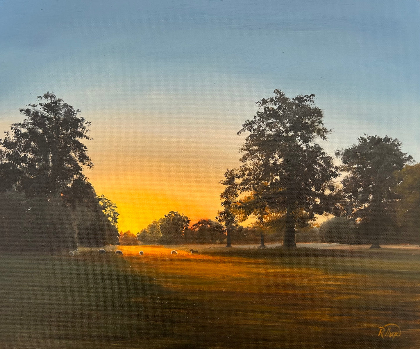A landscape painting of a serene sunset over a grassy field, featuring silhouetted trees on both sides and a glowing orange and yellow horizon under a soft blue sky.