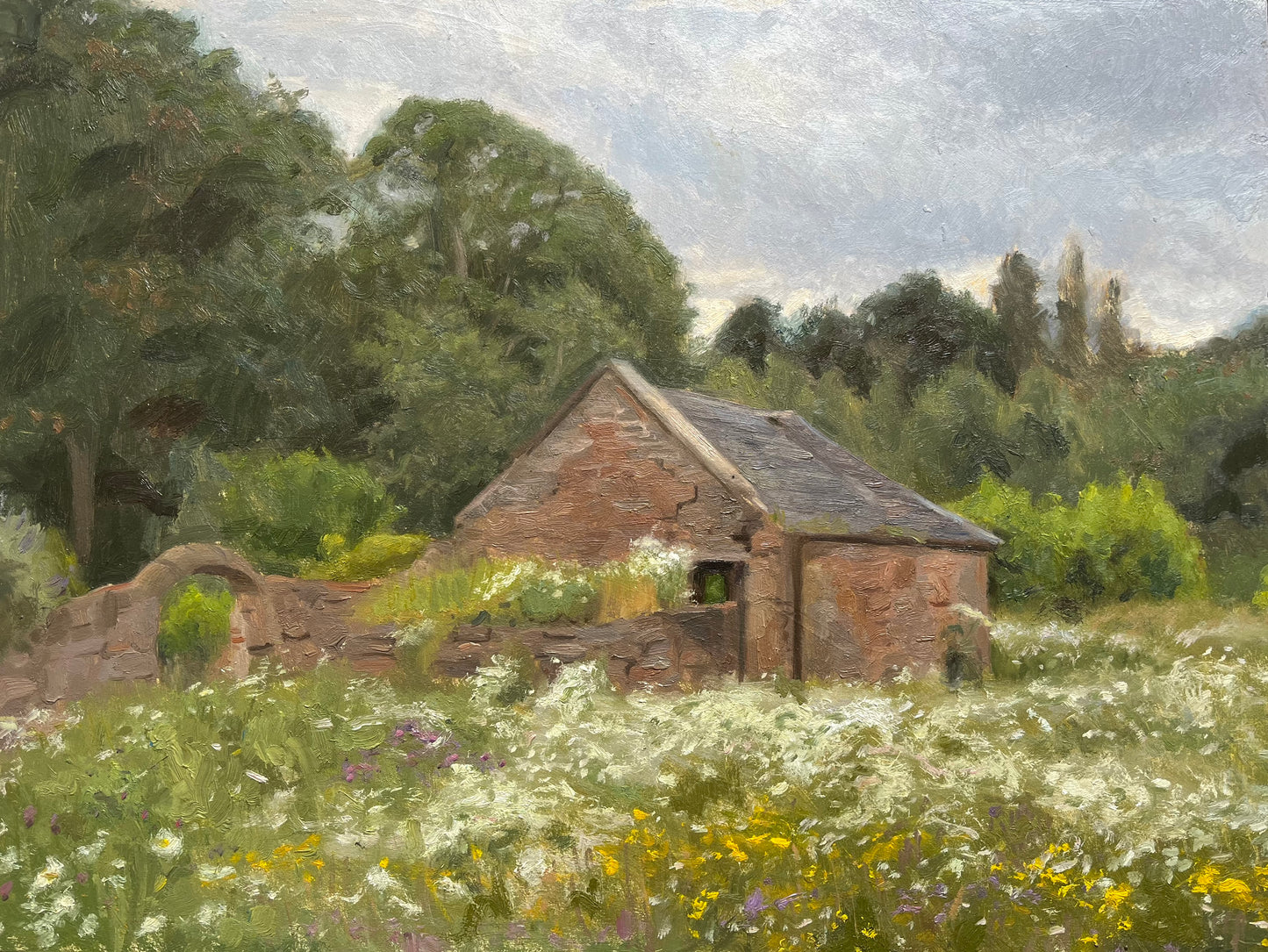 Impressionistic landscape painting of a small rustic stone cottage surrounded by a wildflower meadow, with dense green trees and a cloudy sky in the background.