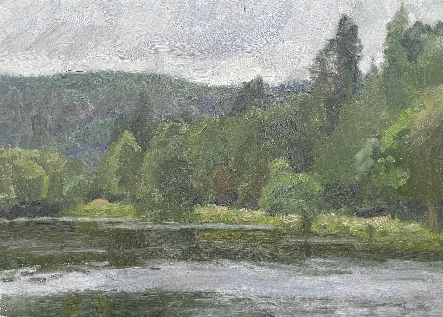 An impressionistic landscape painting depicting a river or lake with green trees and hills under a cloudy sky, rendered in textured brushstrokes of green, gray, and white.