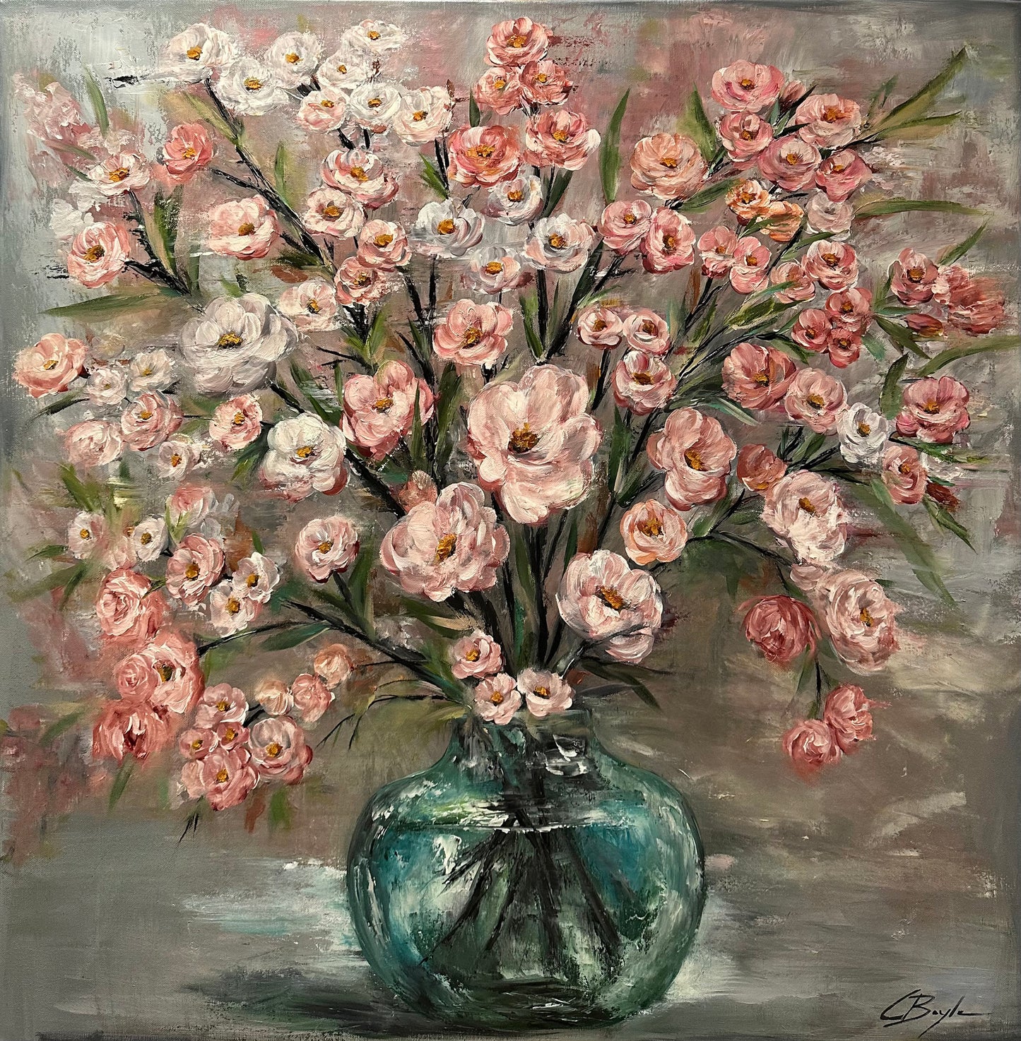 Painting of a bouquet of flowers in a vase on a textured background