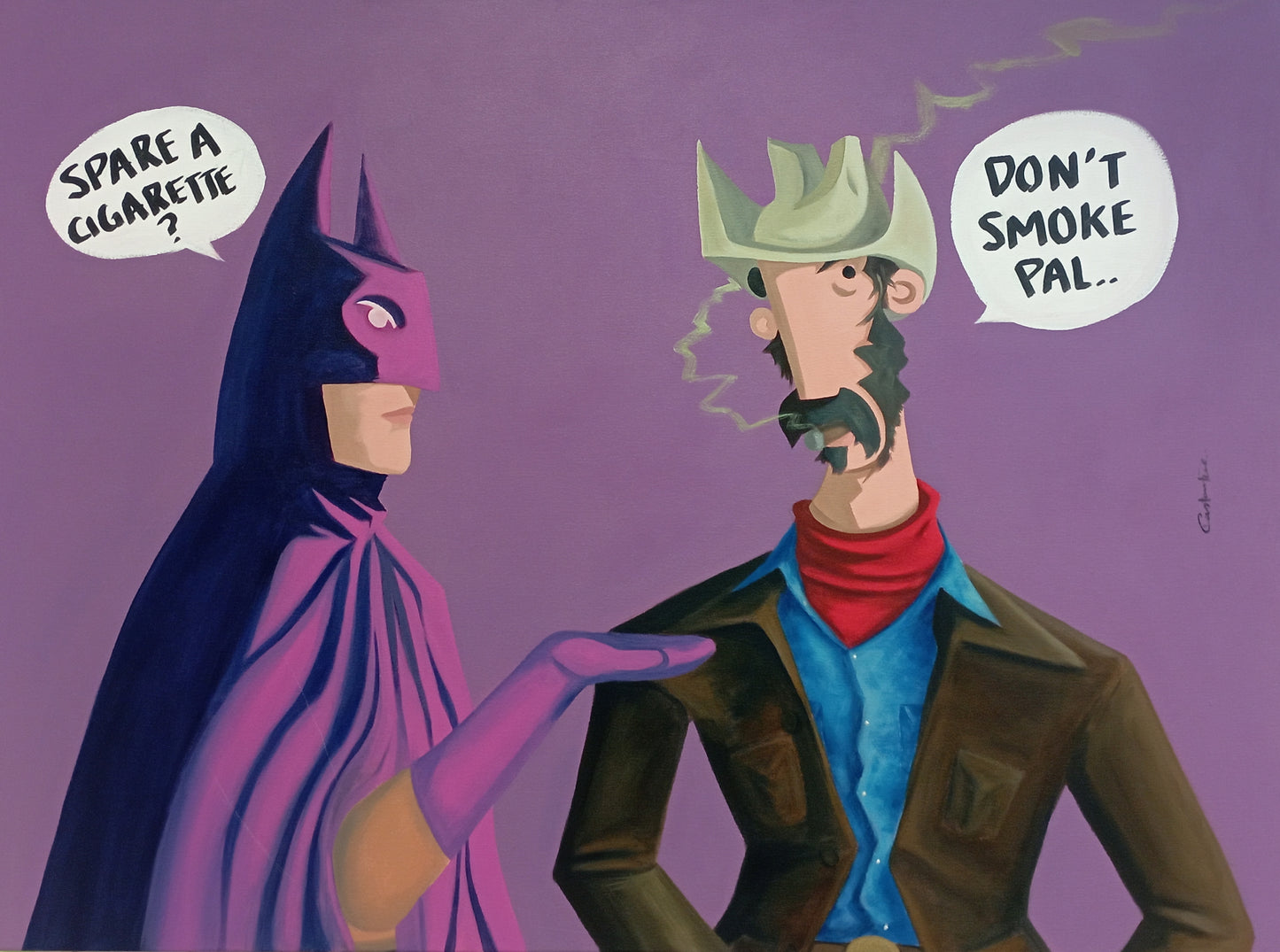 A stylized cartoon illustration on a purple background showing Batman in a dark cape and cowl facing a man in a cowboy hat and jacket who is smoking. Speech bubbles read 'SPARE A GIGARETTE?' and 'DON'T SMOKE FAL.