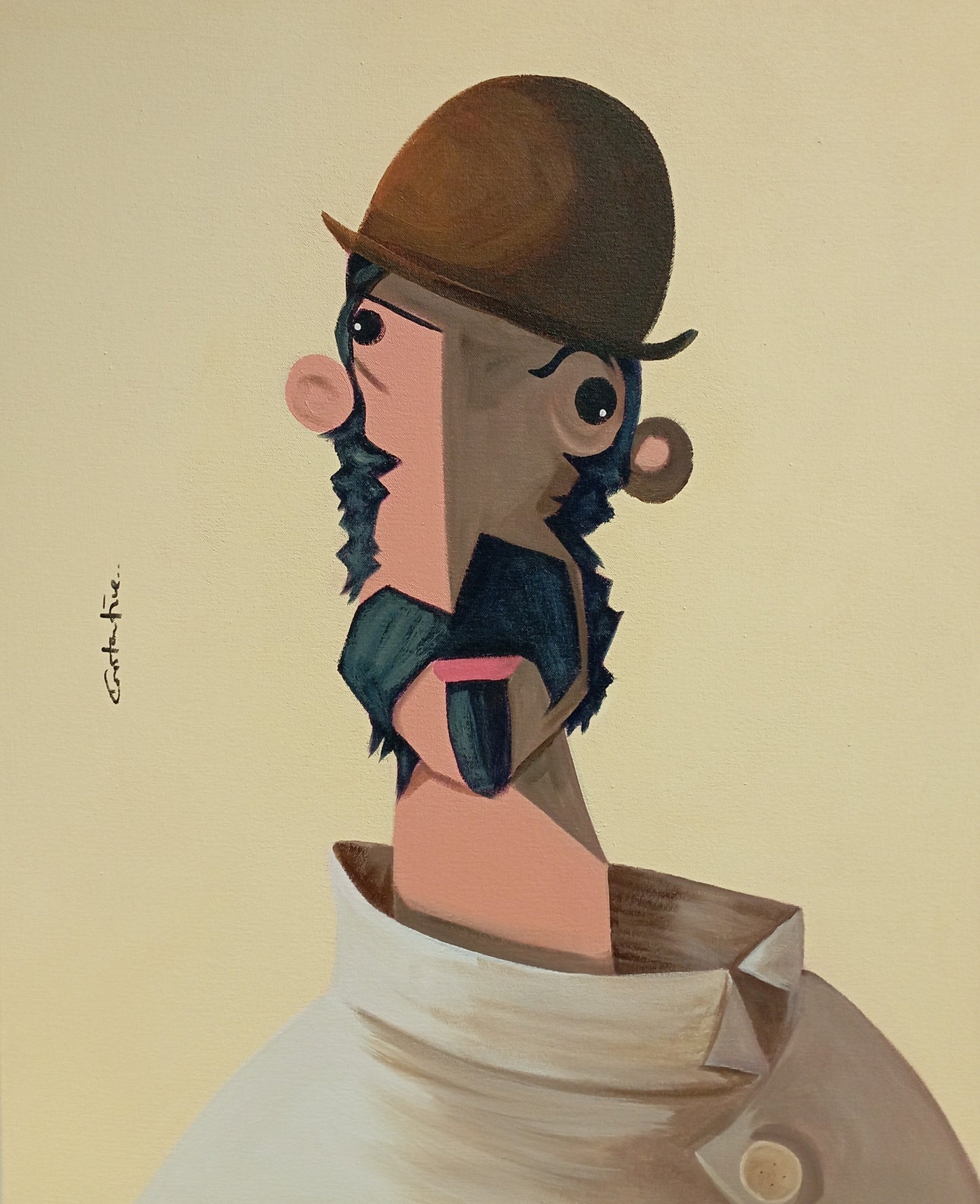 A stylized portrait painting of a man in profile wearing a brown bowler hat and a cream high-neck shirt, rendered with geometric facial features on a warm beige background.