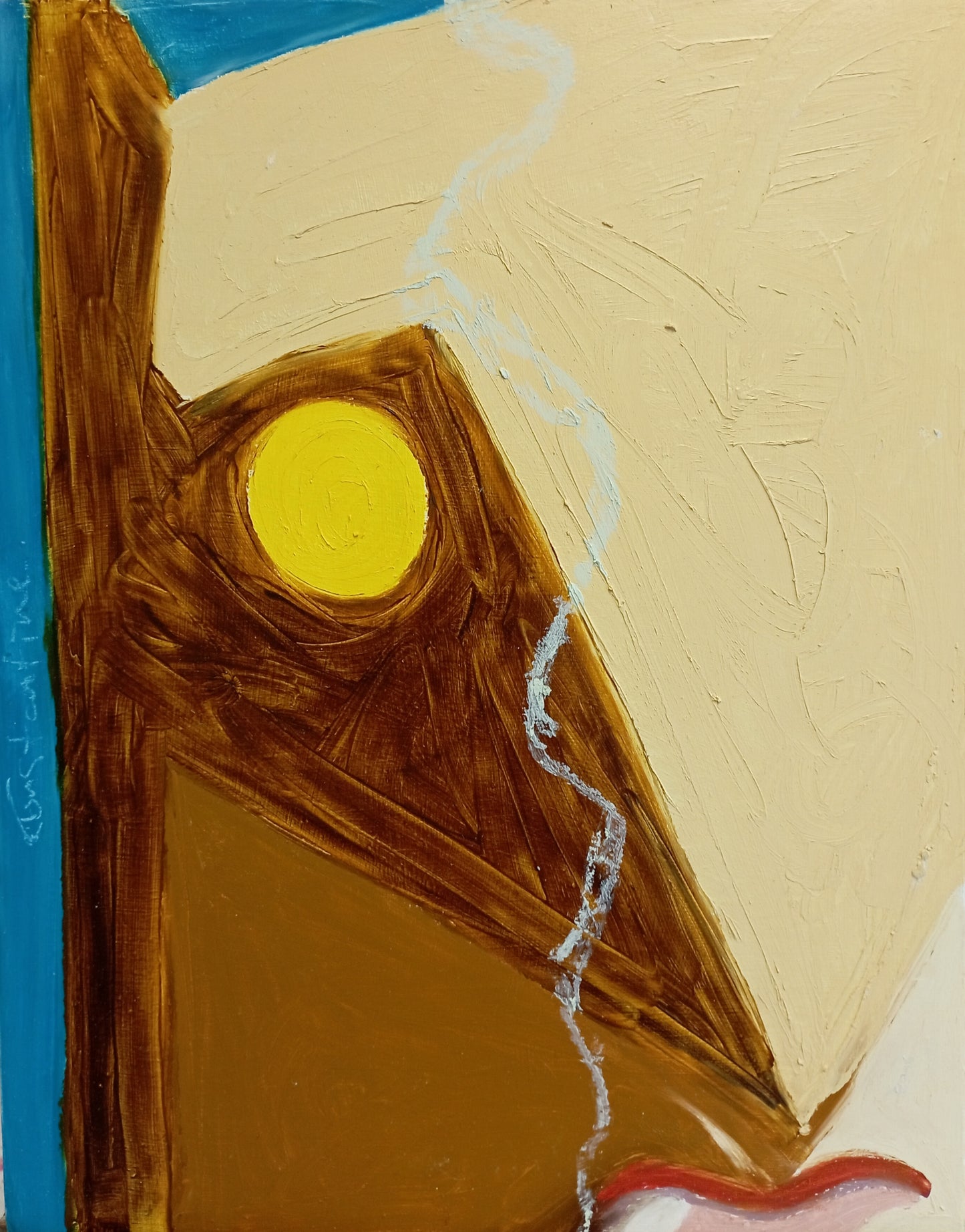 An abstract painting featuring a large brown geometric form with a bright yellow circular element, set against a warm beige background with a blue vertical band on the left and a white zigzag line running vertically.