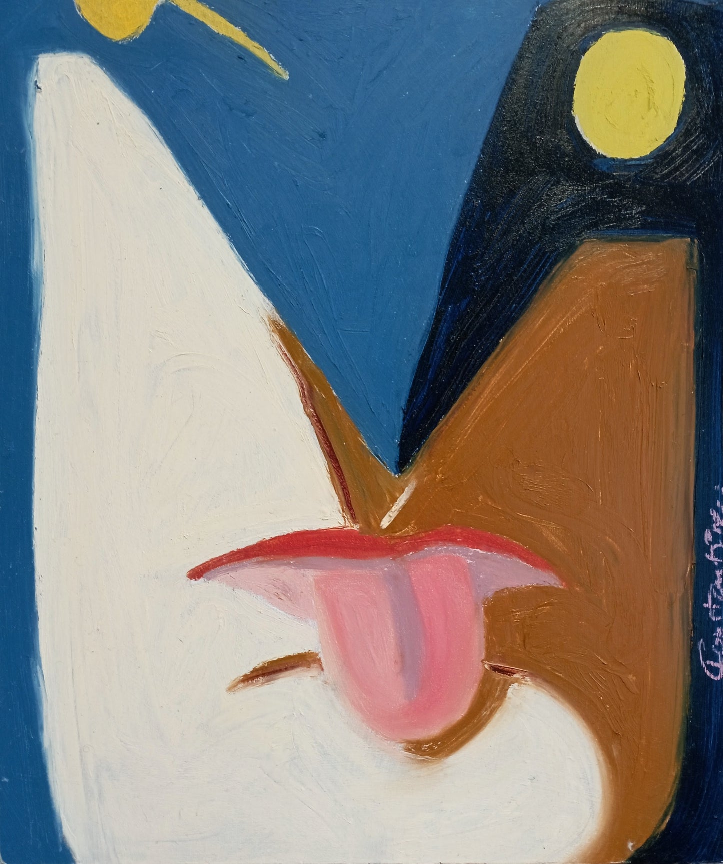 Abstract painting with bold brushstrokes in blue, white, brown, pink, and yellow, featuring stylized facial features and geometric shapes.