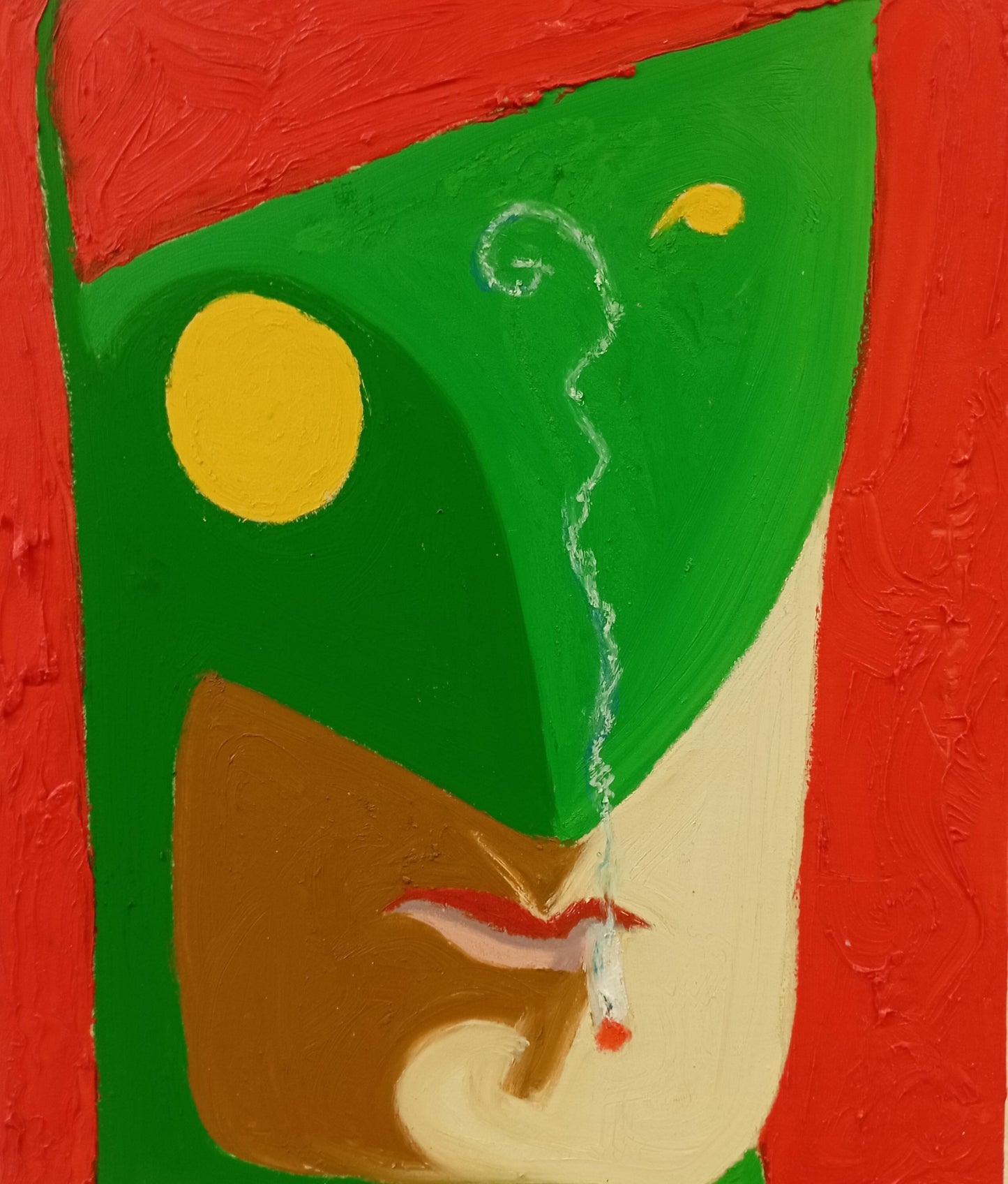 Abstract painting of a stylized face with a green head, cream skin tones, a brown lower face, red background, and yellow circular accents.
