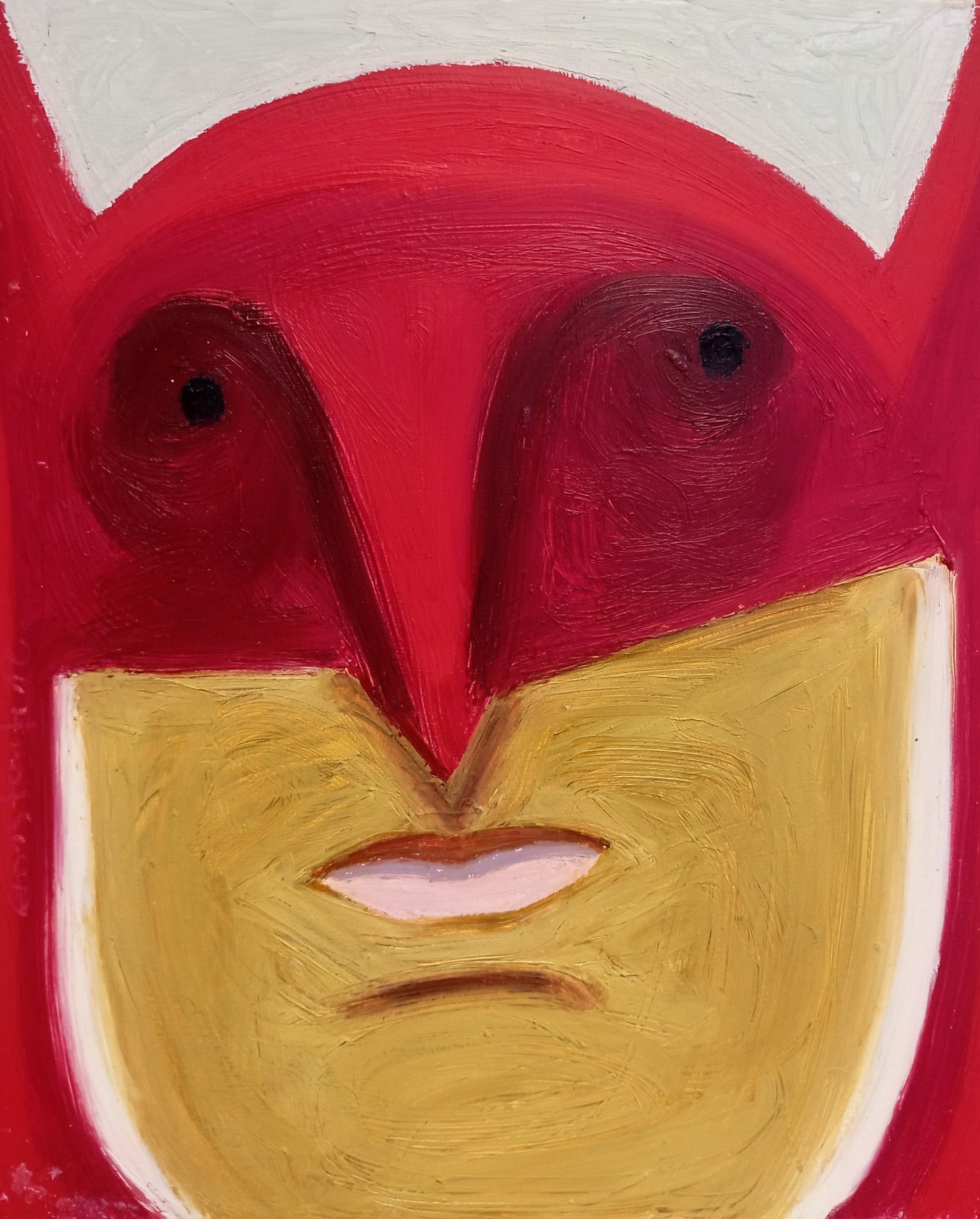 A stylized painted portrait of a face in red and gold tones, with a white curved shape at the top and a small pinkish mouth area, presented as the artwork itself.