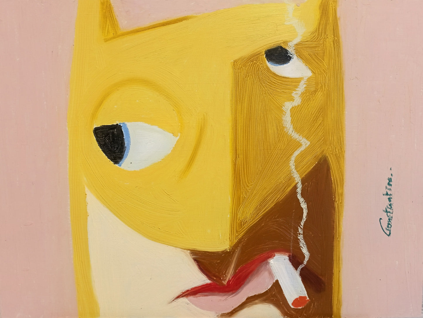 An abstract painting of a stylized face in yellow, brown, cream, and red on a pink background, with a visible artist signature on the right.
