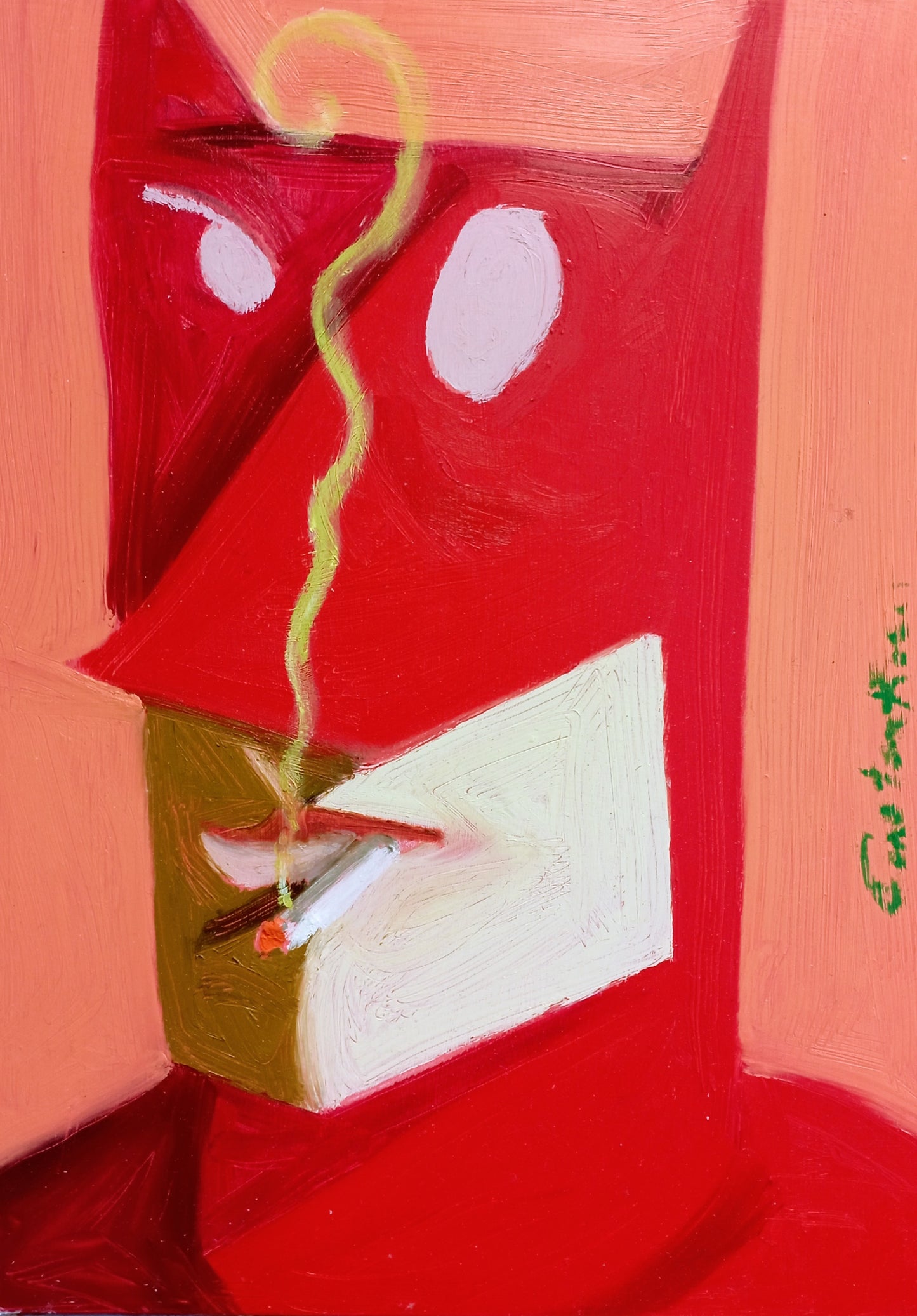 An abstract painting featuring a stylized red and pink face with white oval eyes, a gold rectangular mouth area, and a yellow curling cigarette or smoke shape rising upward. The artwork fills the frame, with a visible artist signature on the right side.