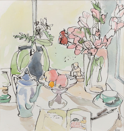 Artistic depiction of a table with flowers, fruit, and books in a room.