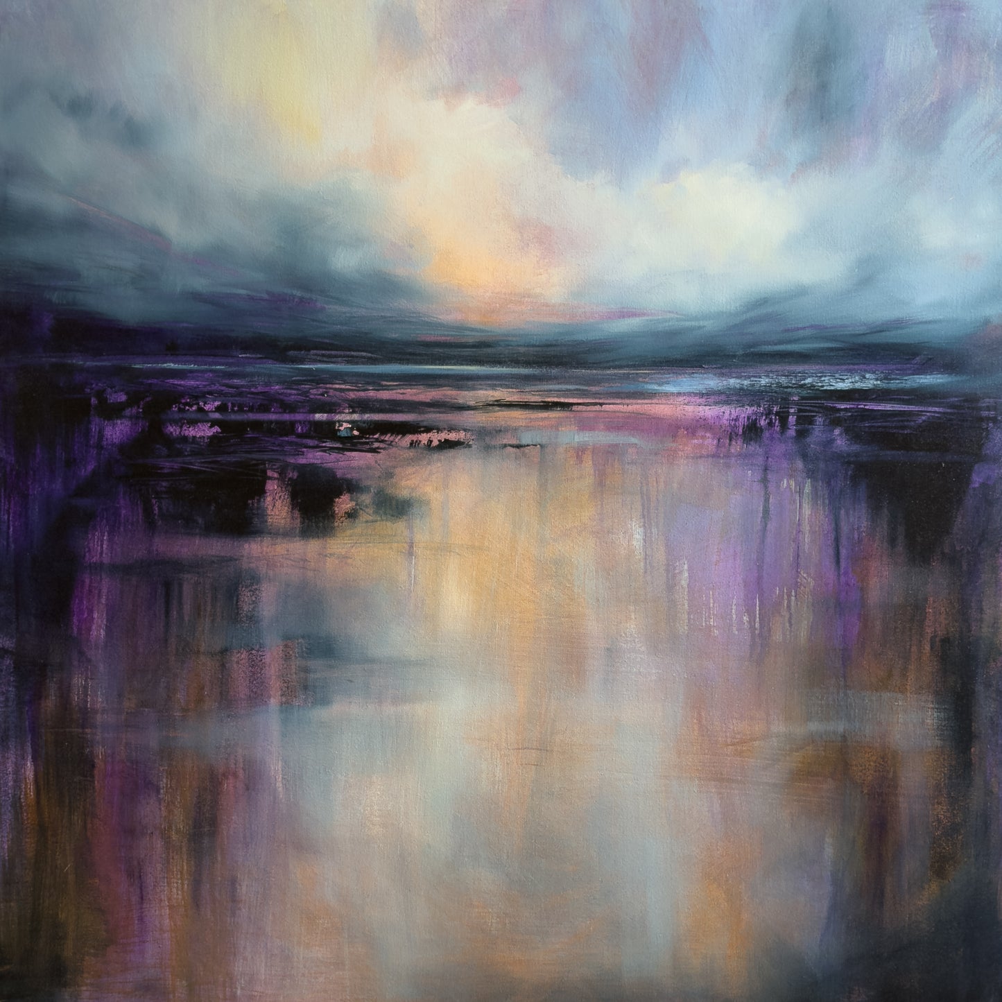Abstract landscape painting with reflective water and colorful sky.