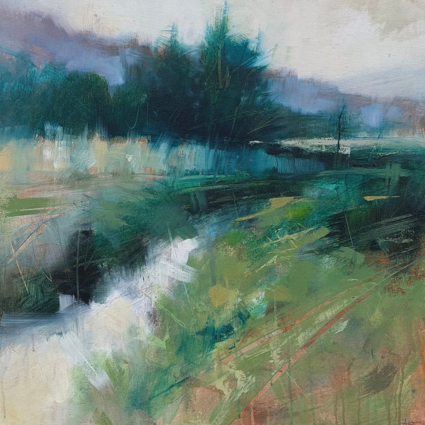 Abstract landscape painting with green and brown tones