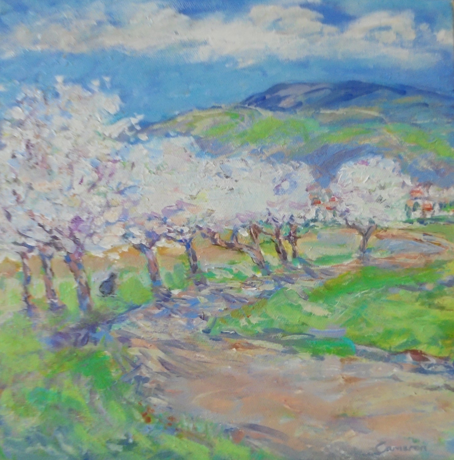 an impressionist painting of blossom Trees with a windy path and hills