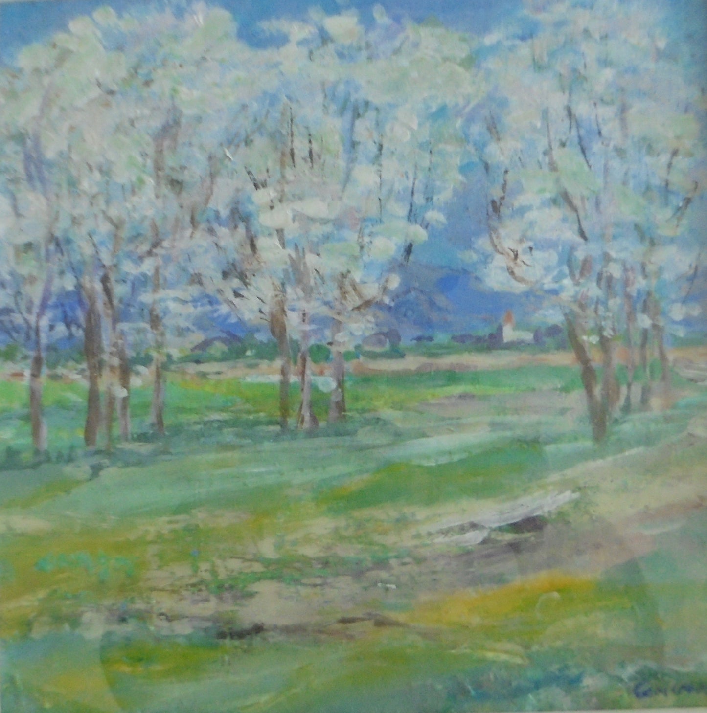 an impressionist painting of blossom trees in France