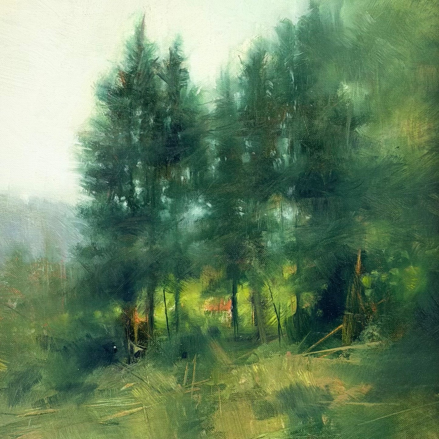 Abstract art with brush strokes in green, black, and beige