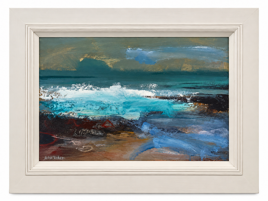 A framed abstract painting of an ocean scene depicting Bass Rock off North Berwick with turquoise waves, dark rocky shoreline, and a cloudy sky, set in a wide off-white frame.