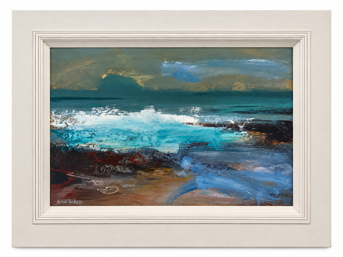 A framed abstract painting of an ocean scene depicting Bass Rock off North Berwick with turquoise waves, dark rocky shoreline, and a cloudy sky, set in a wide off-white frame.