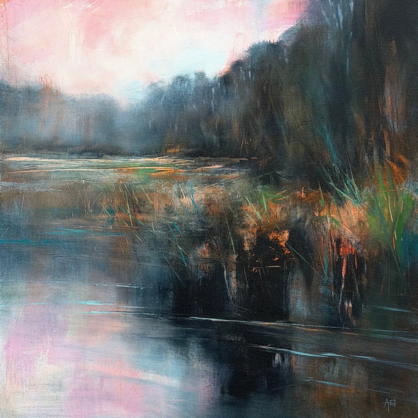 Abstract painting of a landscape with water and trees