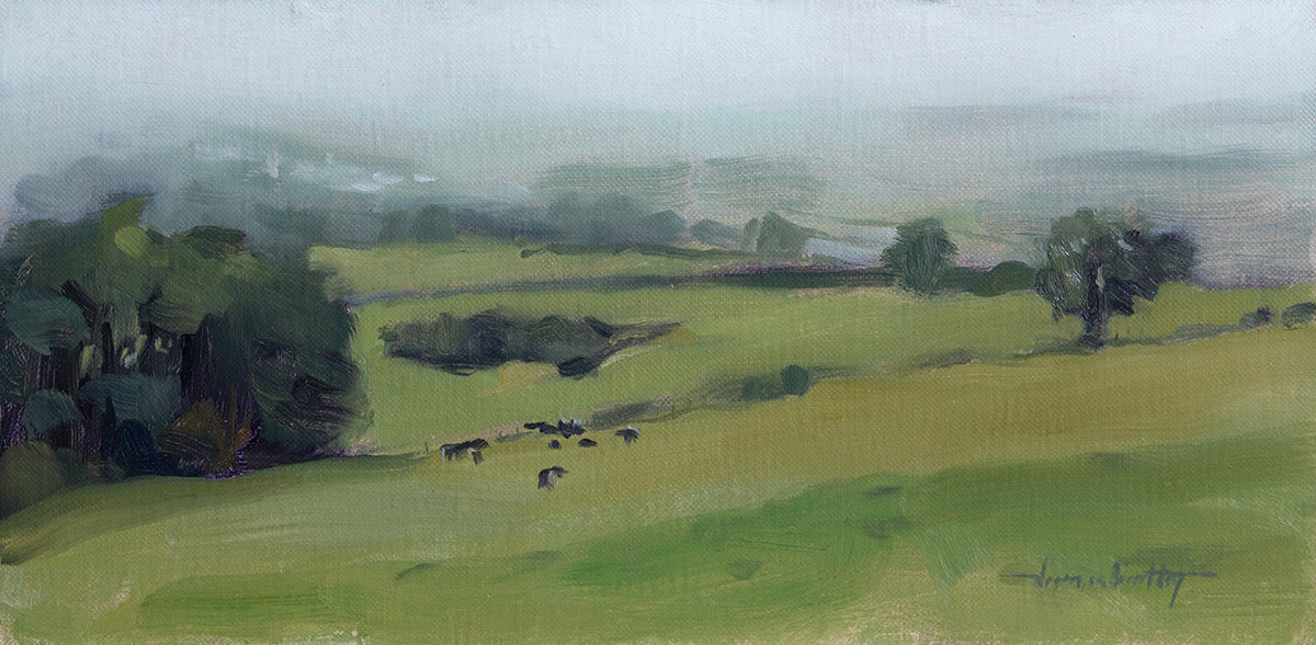 Painting of a landscape with green fields, trees, and a misty sky.