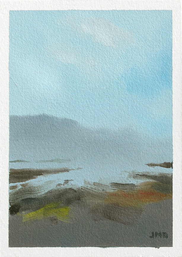 Abstract oil painting of a landscape with a blue sky and earthy tones.