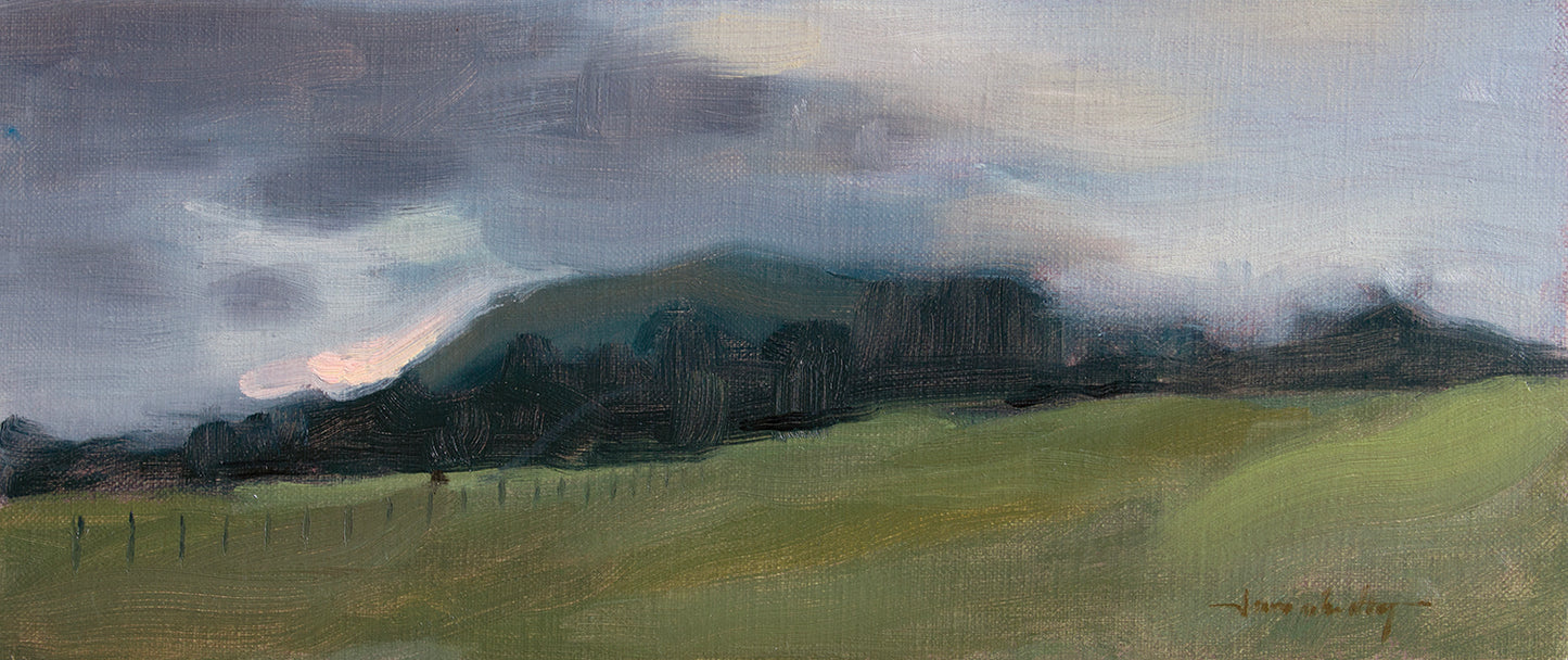 Painting of a landscape with green fields and dark hills under a cloudy sky.