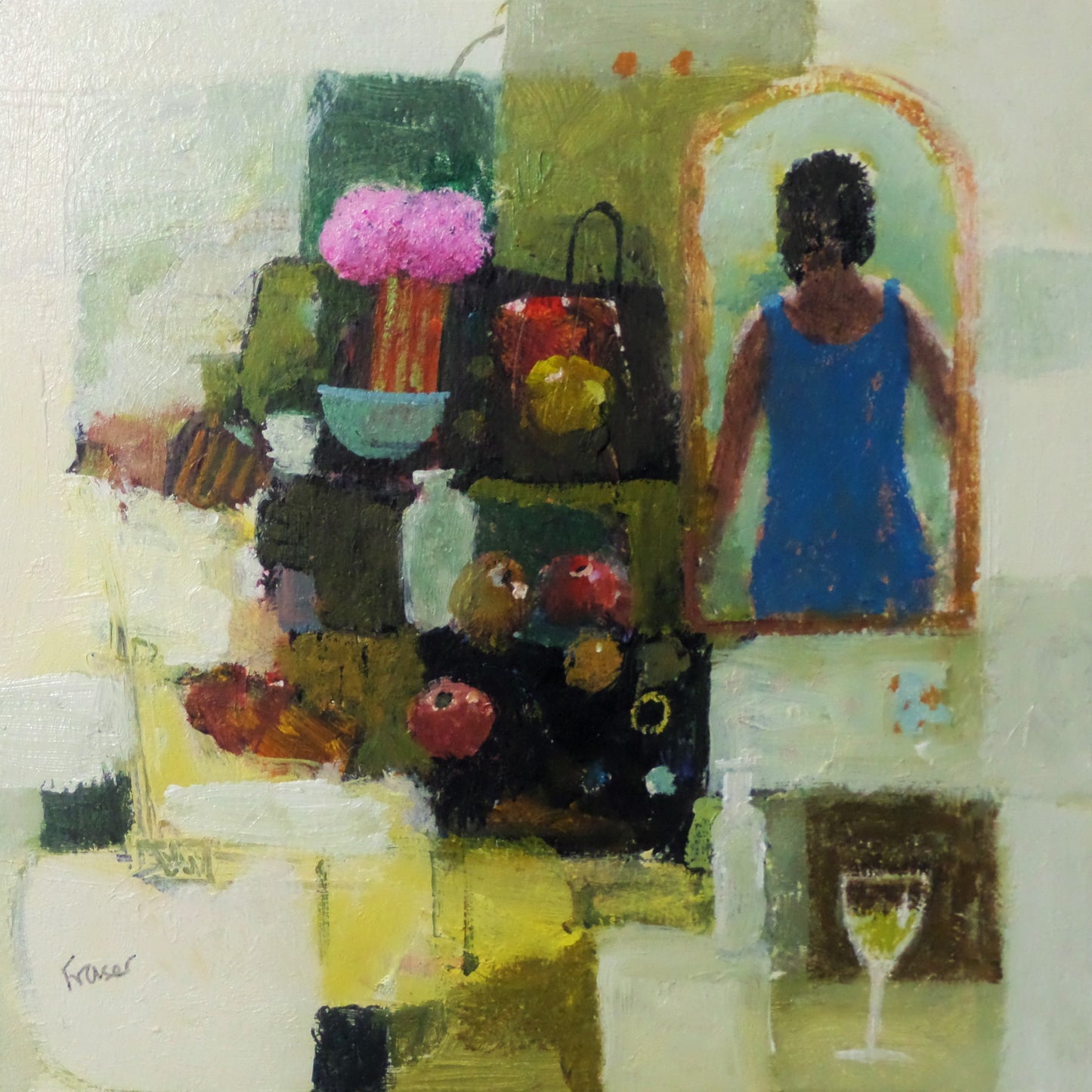 Artistic depiction of a person looking into a mirror with a colorful fruit and flower arrangement.