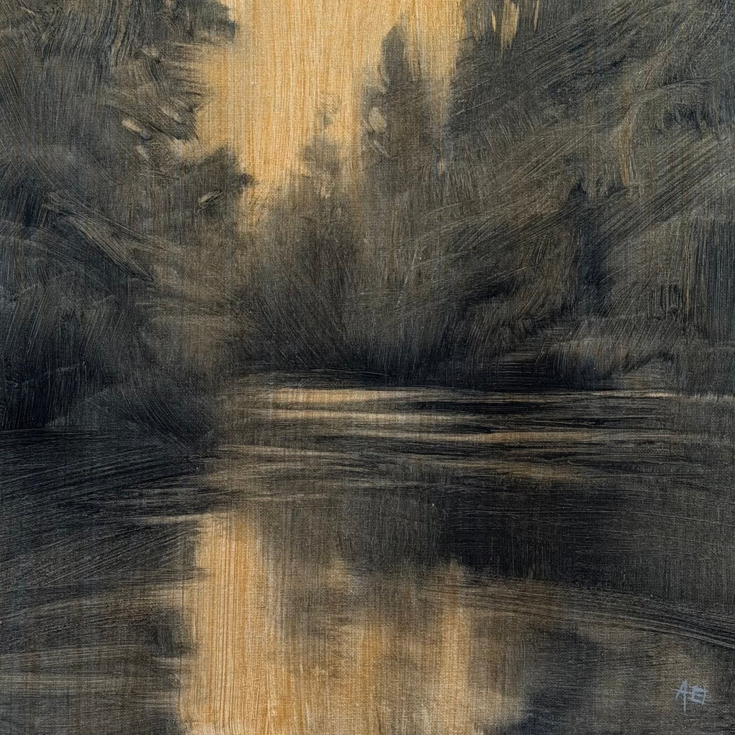 Abstract painting with dark and light brown brush strokes
