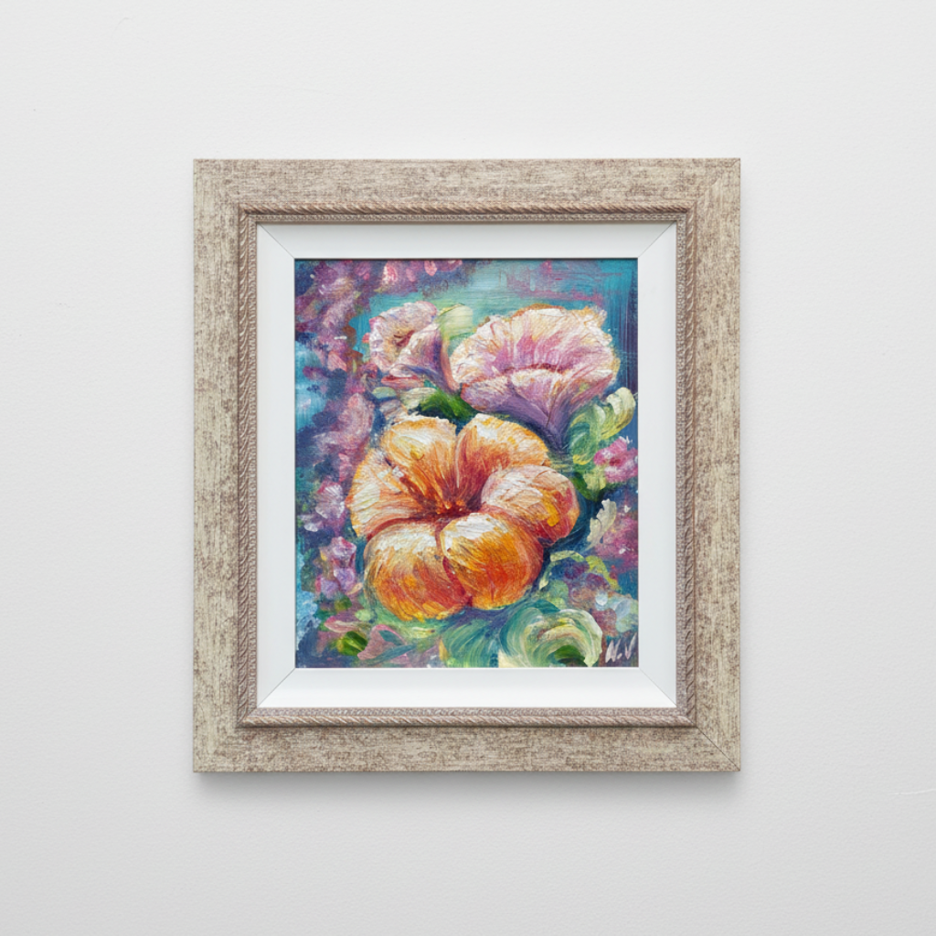 Framed painting of flowers on a white wall