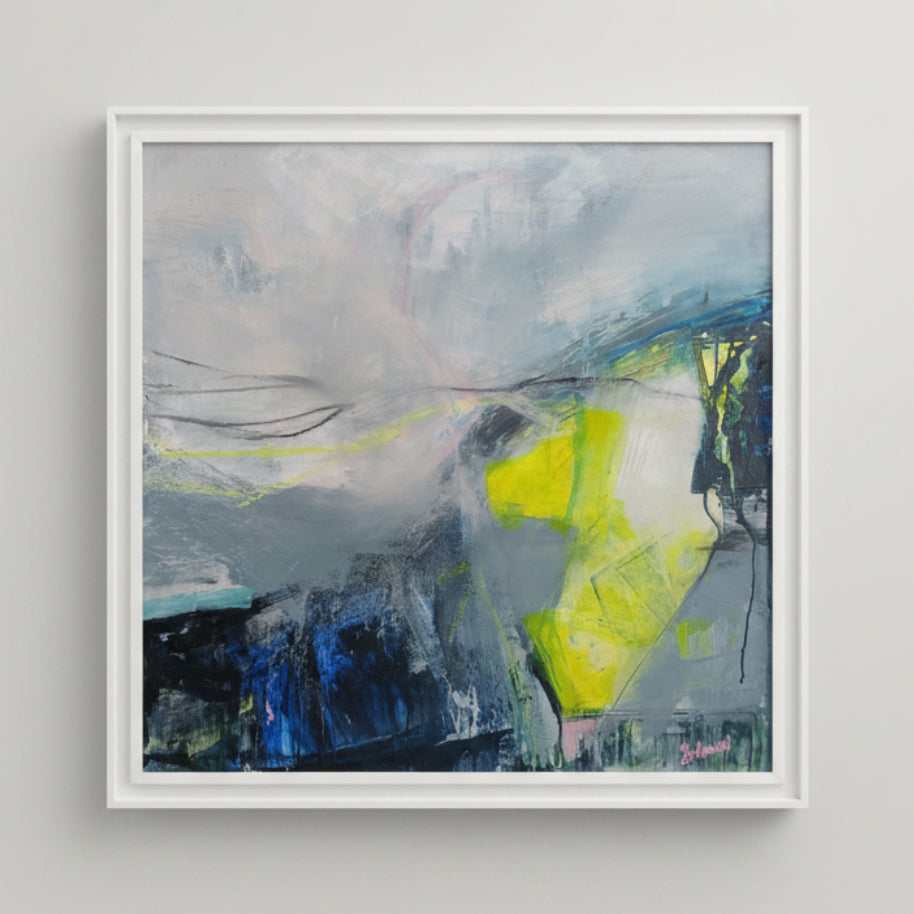 Abstract painting with a white frame on a white wall
