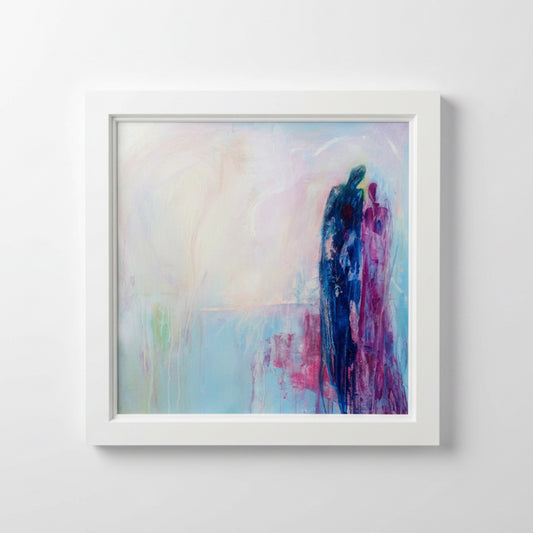 Framed abstract painting with colorful brushstrokes on a white wall