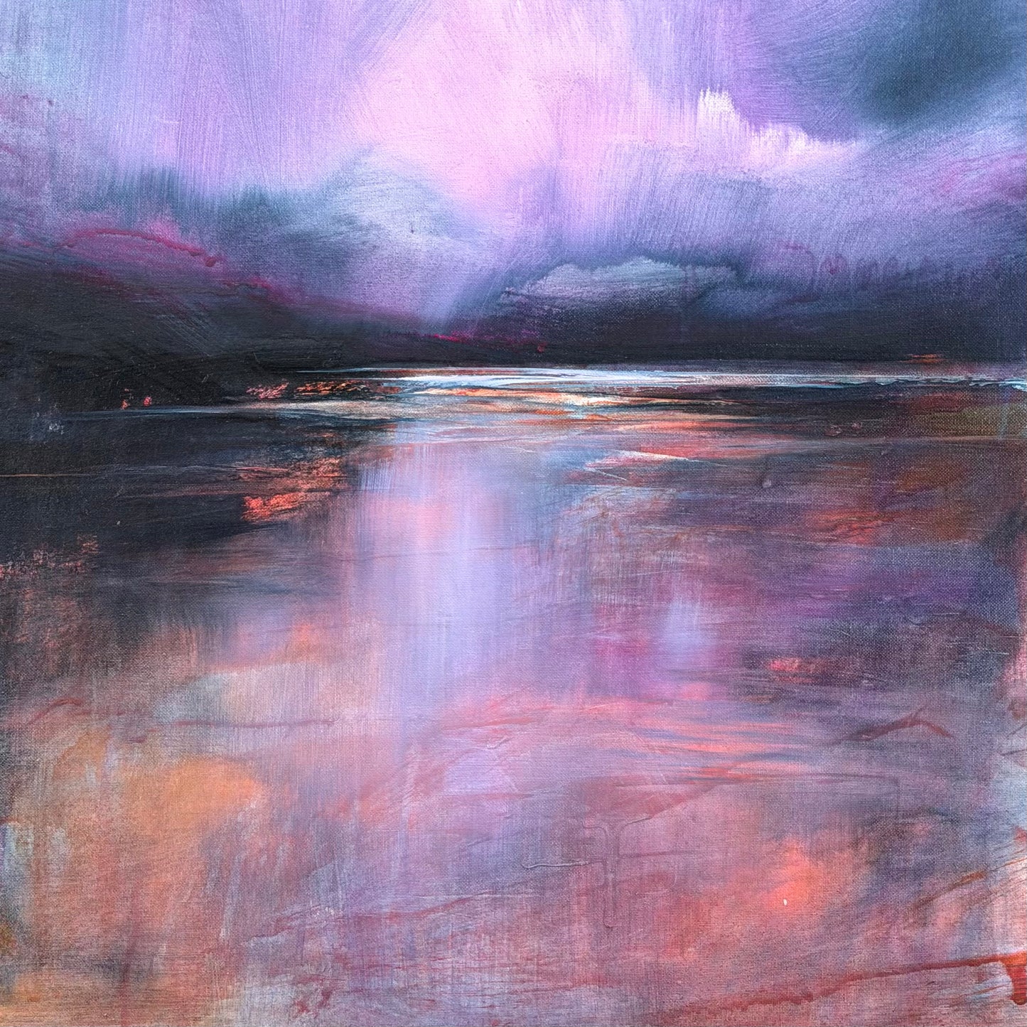 Abstract painting with purple and orange hues