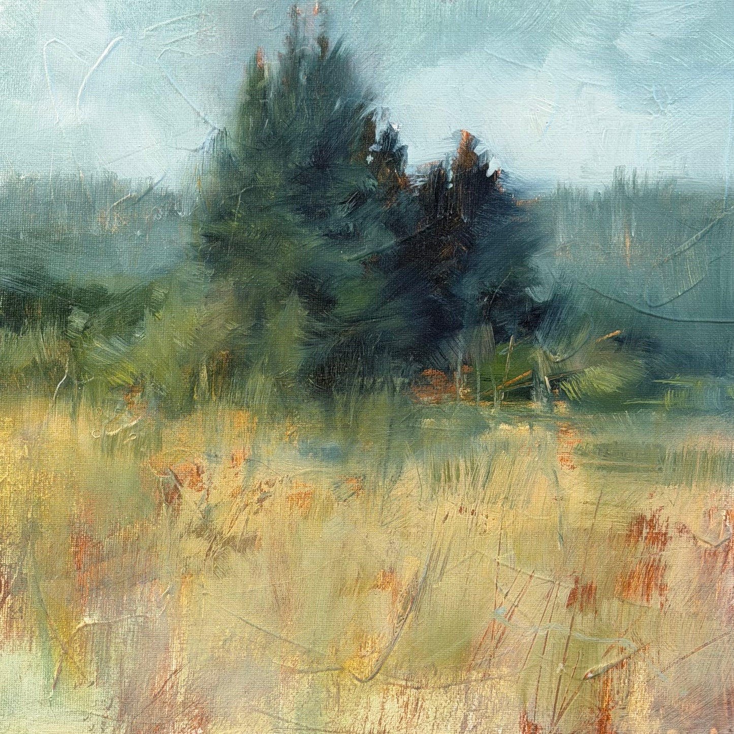 Abstract painting of a landscape with trees and fields