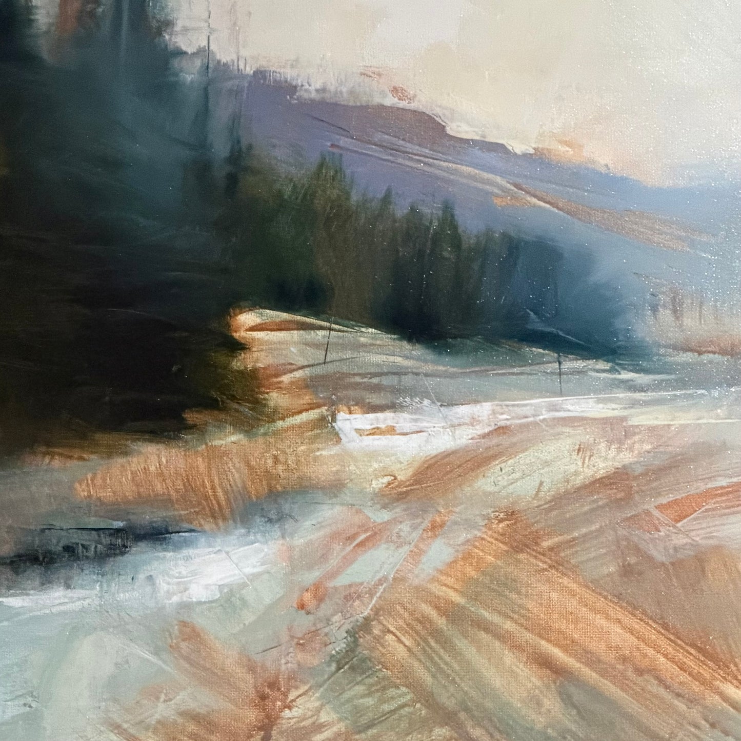 Abstract art with brush strokes in brown, black, and beige