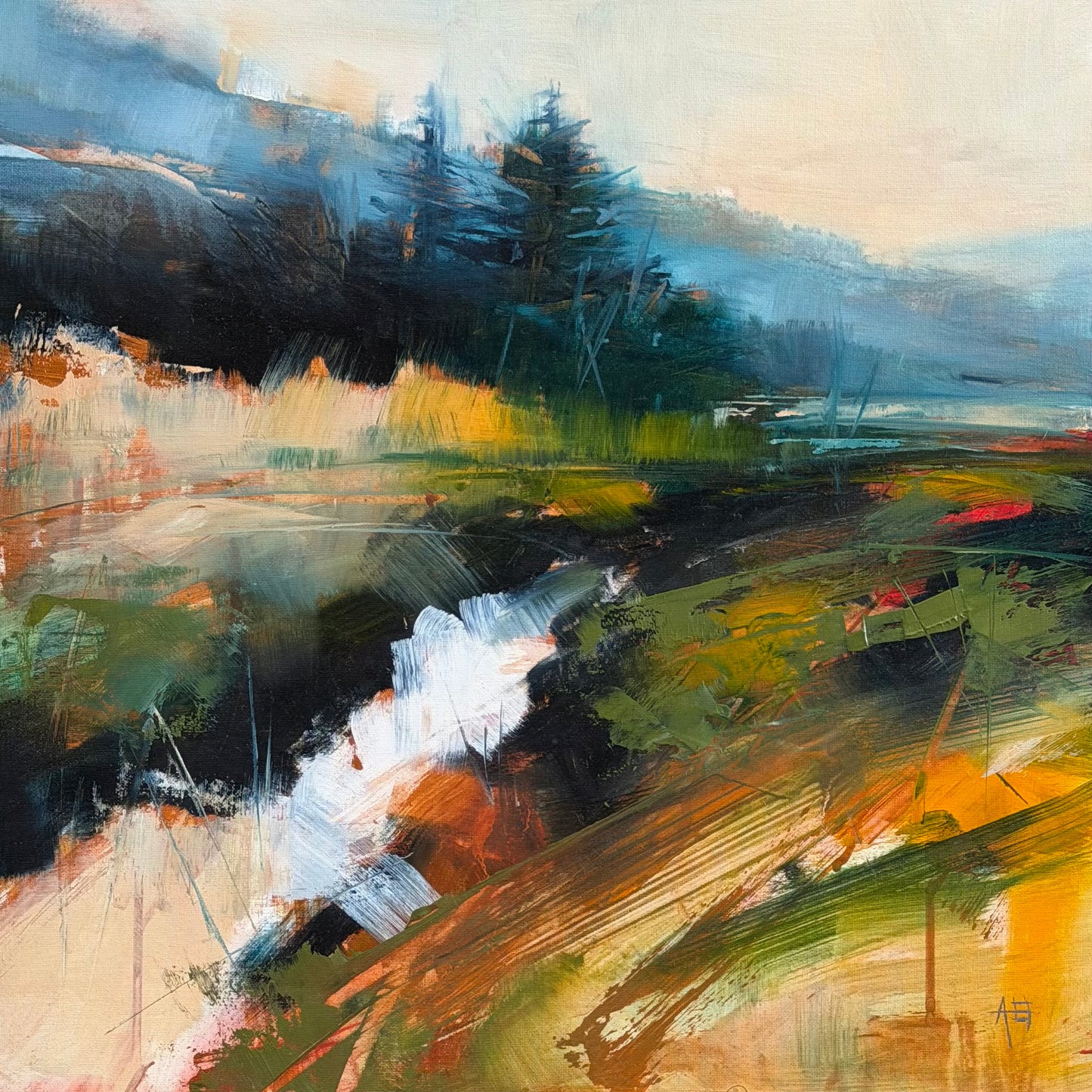 Abstract art with brush strokes in brown, black, and beige