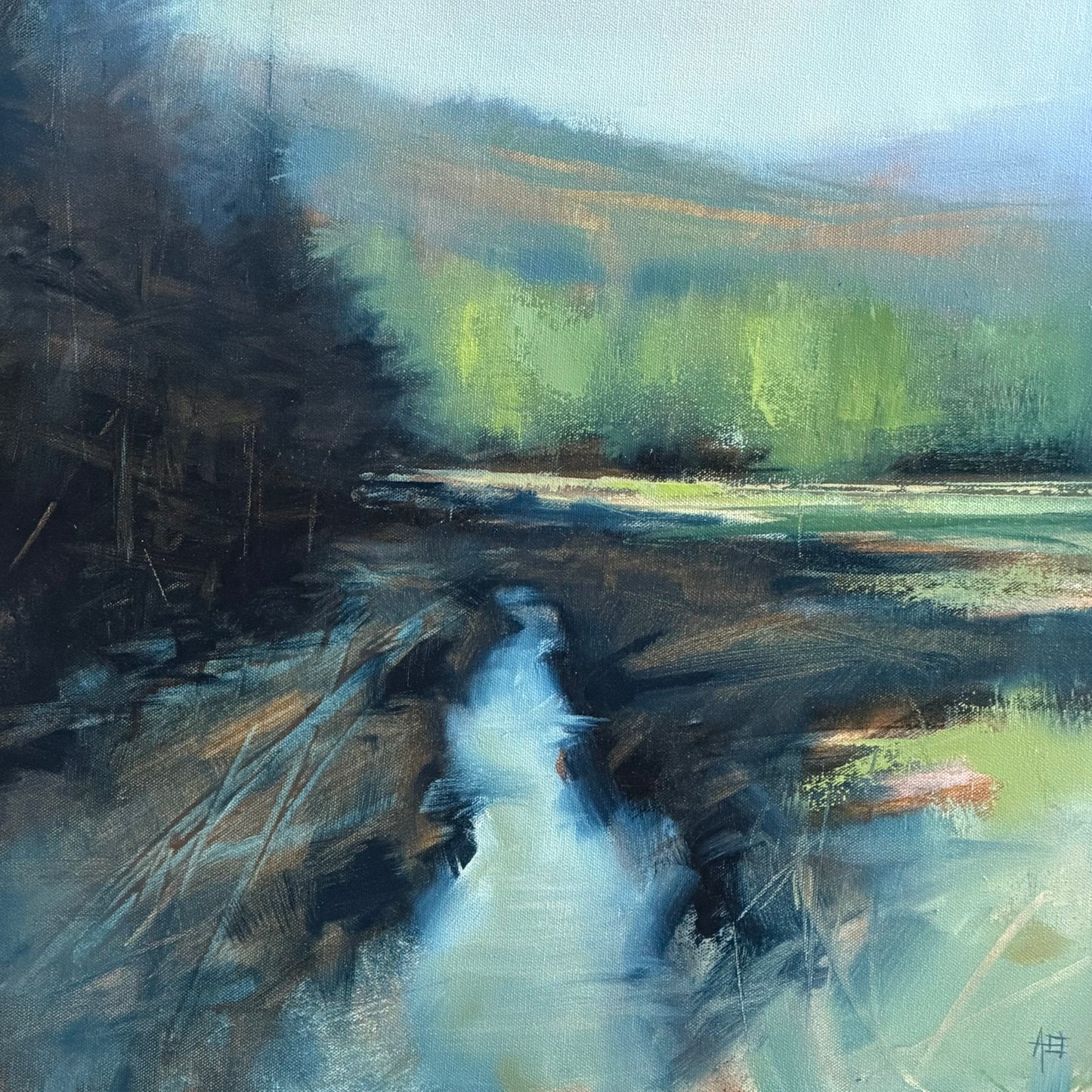 Painting of a forest stream with trees and greenery