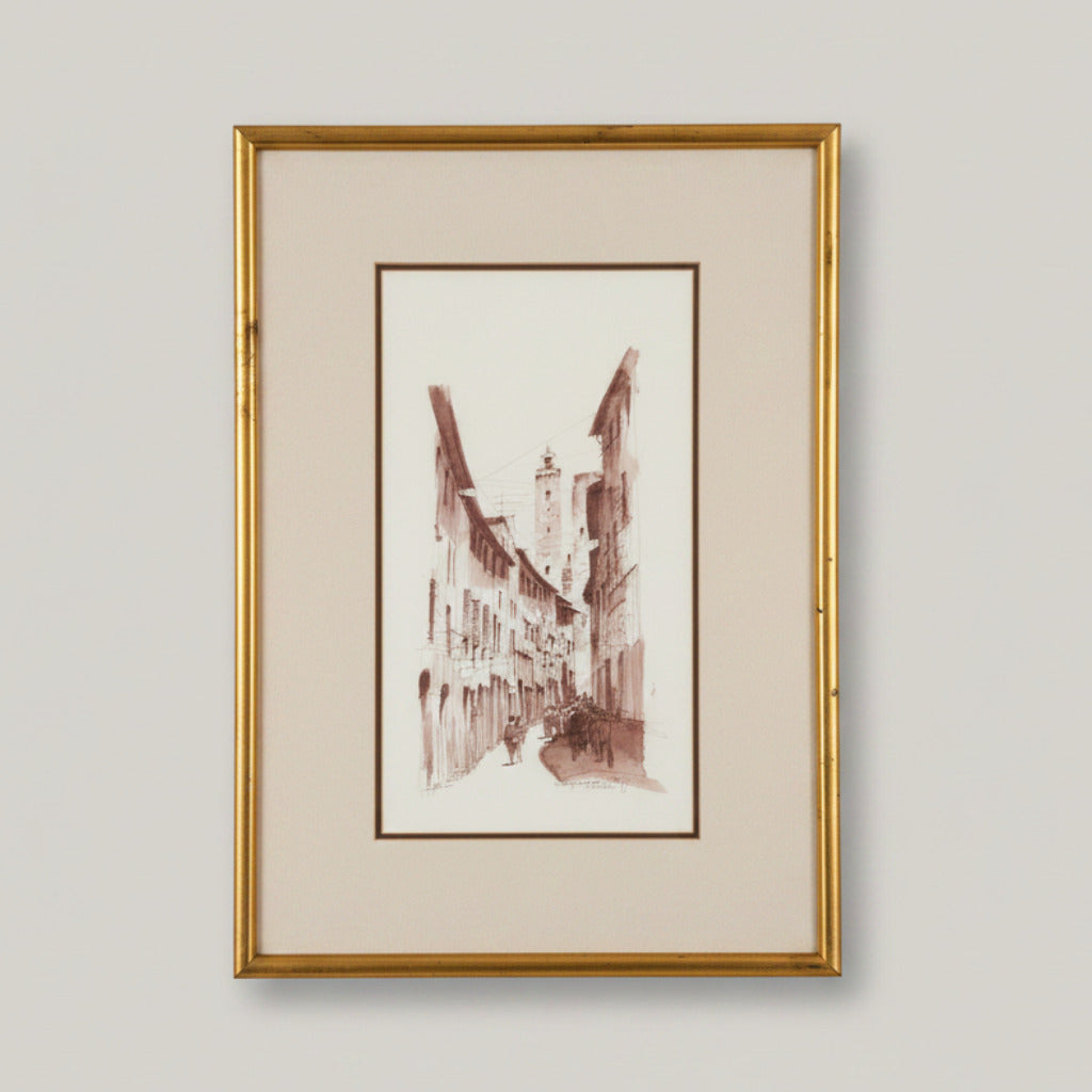 Framed ink and wash painting of a san gimignano