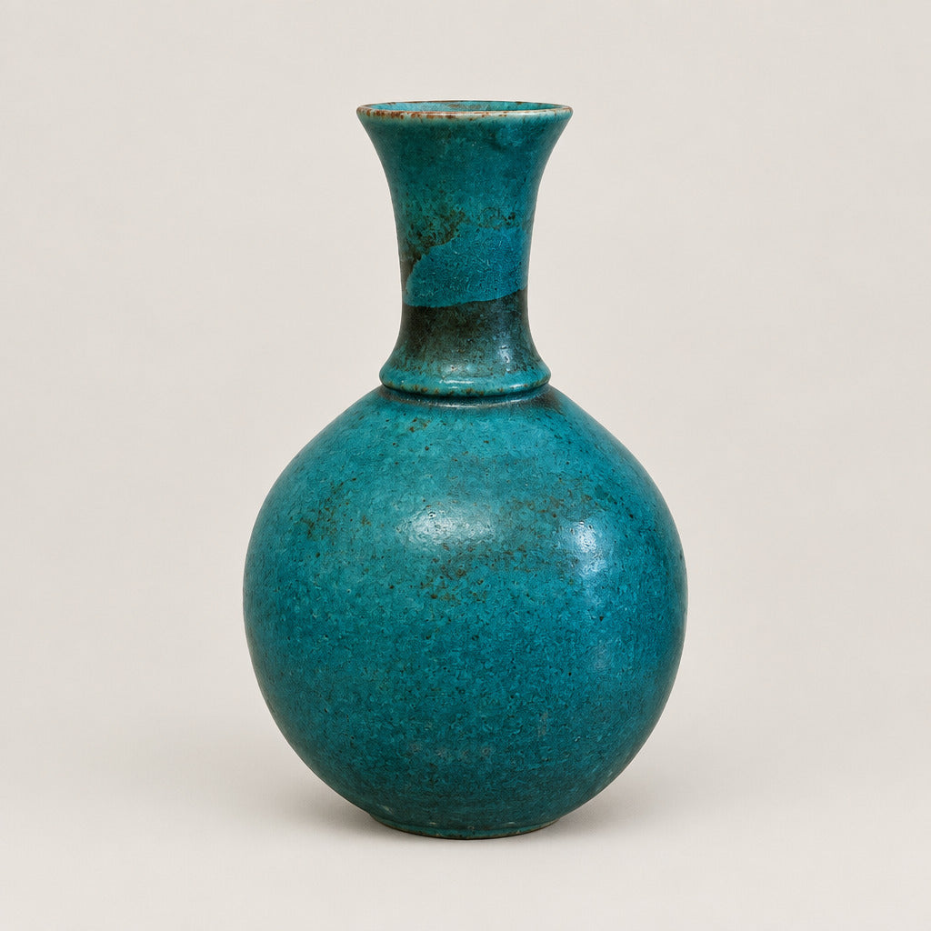 A turquoise blue ceramic vase with a bulbous rounded body and a narrow neck, displayed next to a matching small cup on a glass-topped wooden surface against a textured white wall.