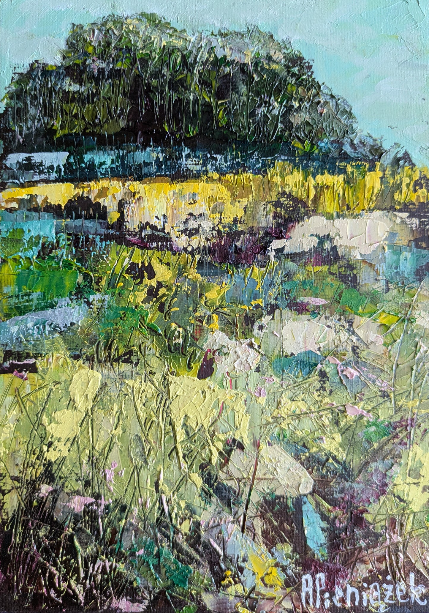 Artistic depiction of a landscape with trees and fields