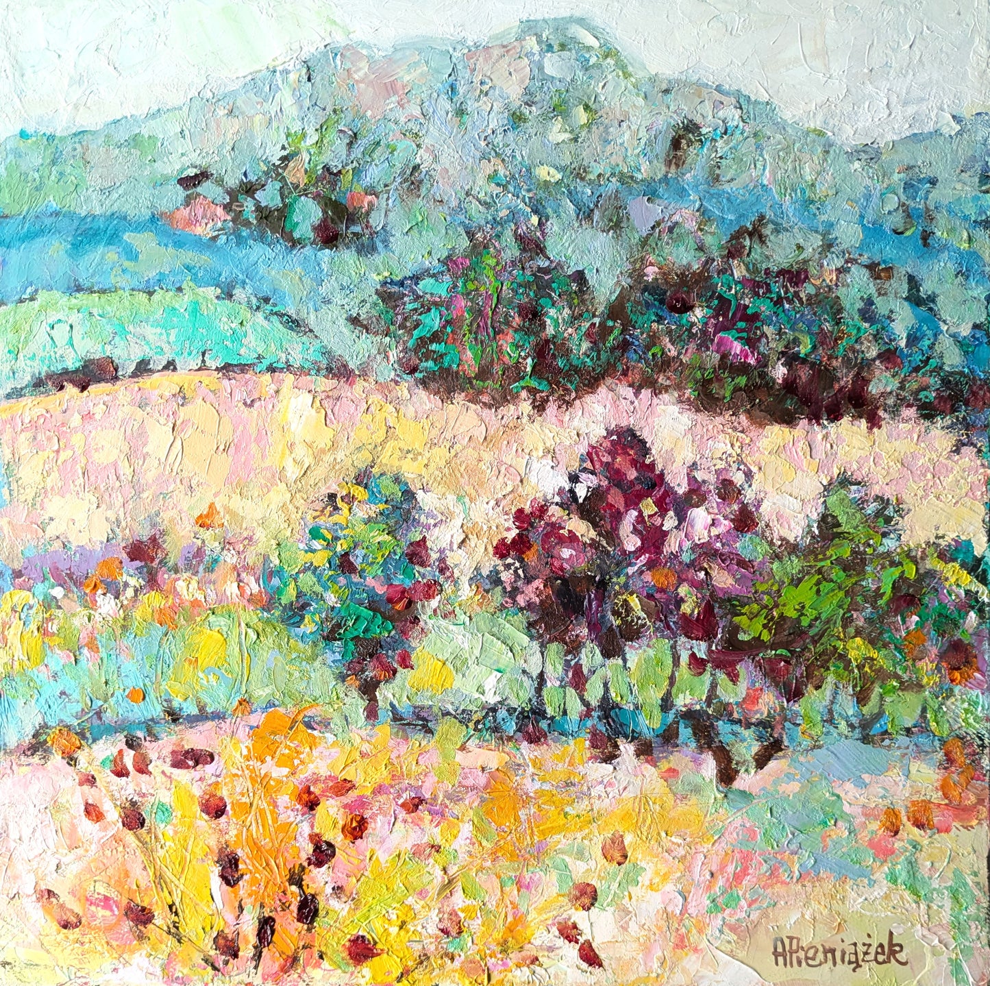 Colorful landscape painting with trees and fields