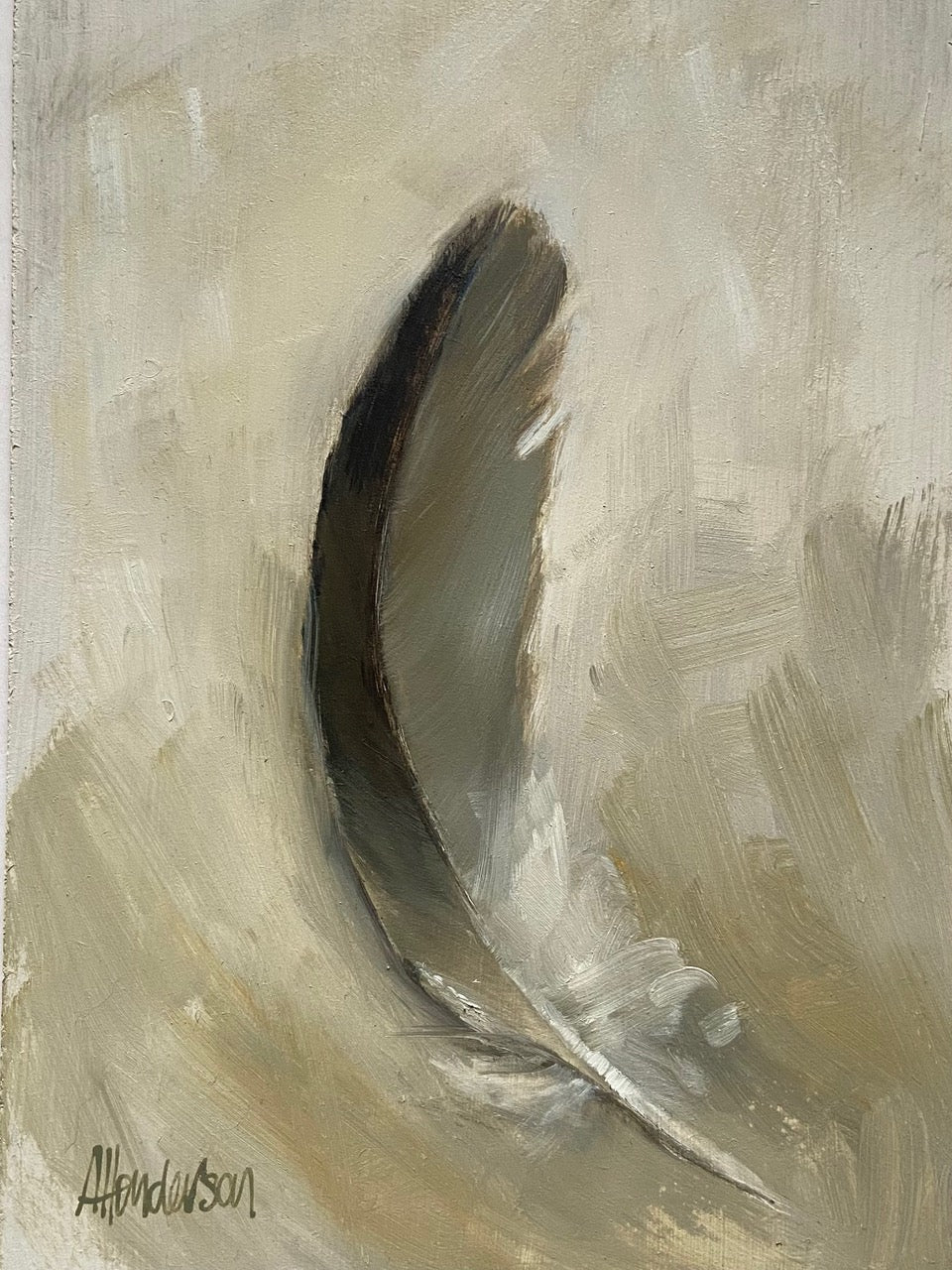 Abstract painting of a feather on a textured beige background