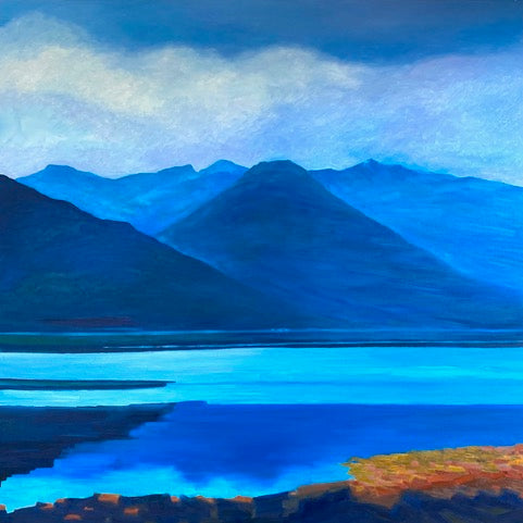 Painting of a mountain landscape with a lake