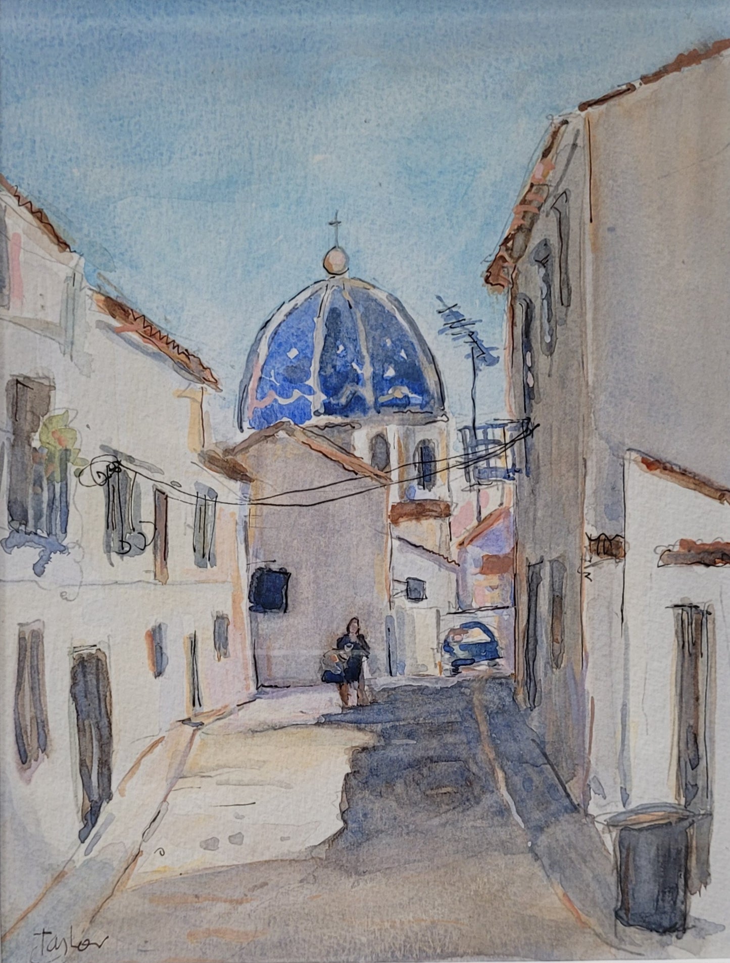 Watercolor painting of a narrow street with a blue-domed building in the background