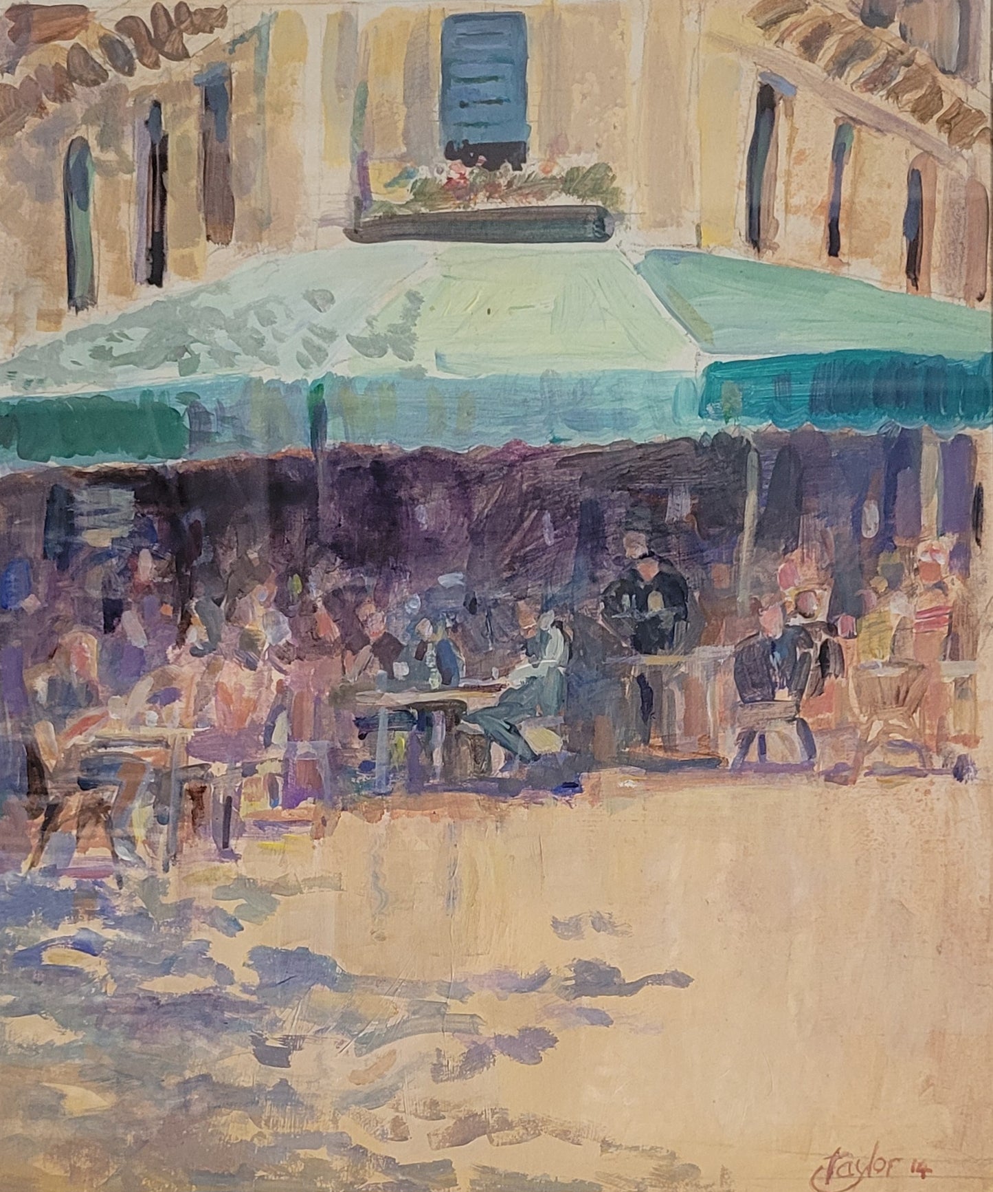 Painting of an outdoor cafe scene with people sitting under green umbrellas.