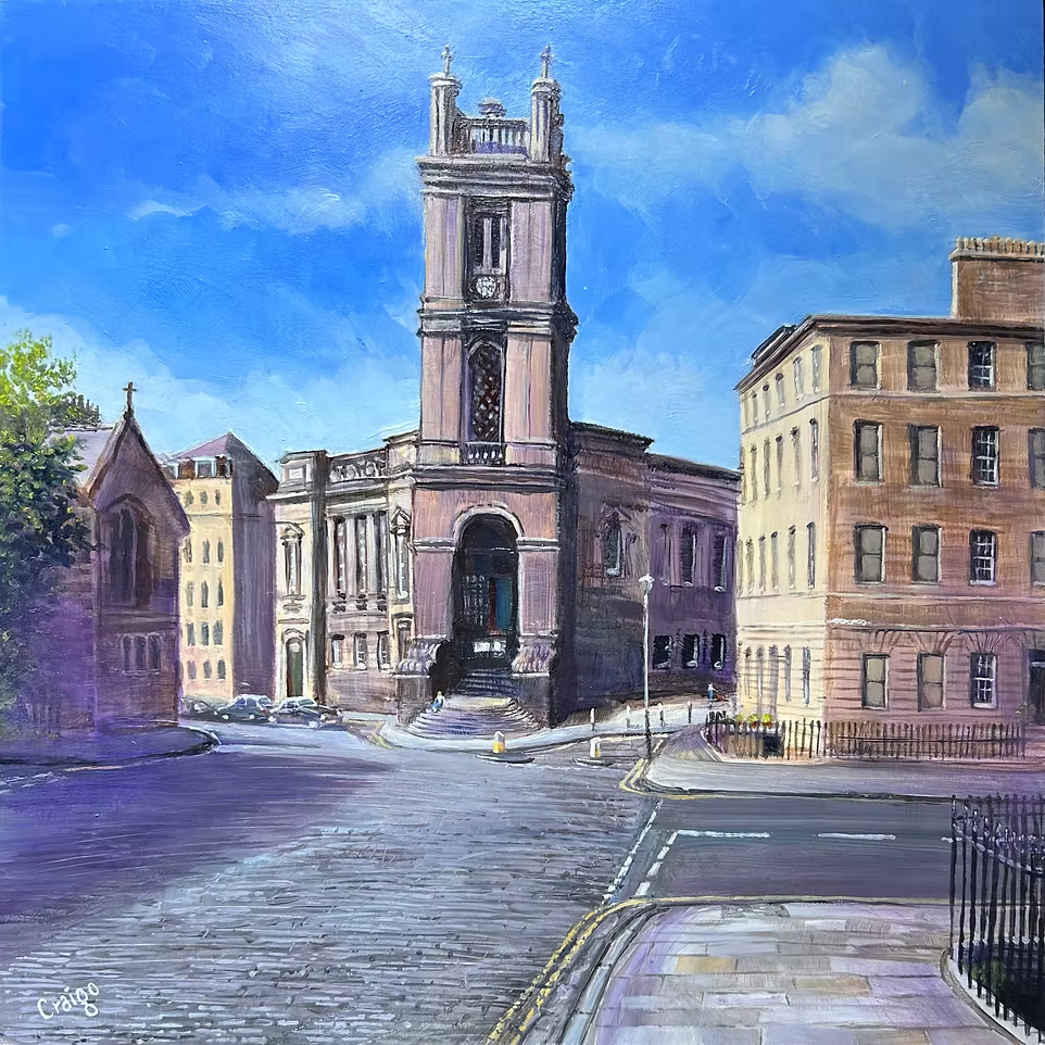 An oil painting of a historic street scene featuring a grand cathedral tower and surrounding brick buildings under a bright blue sky.
