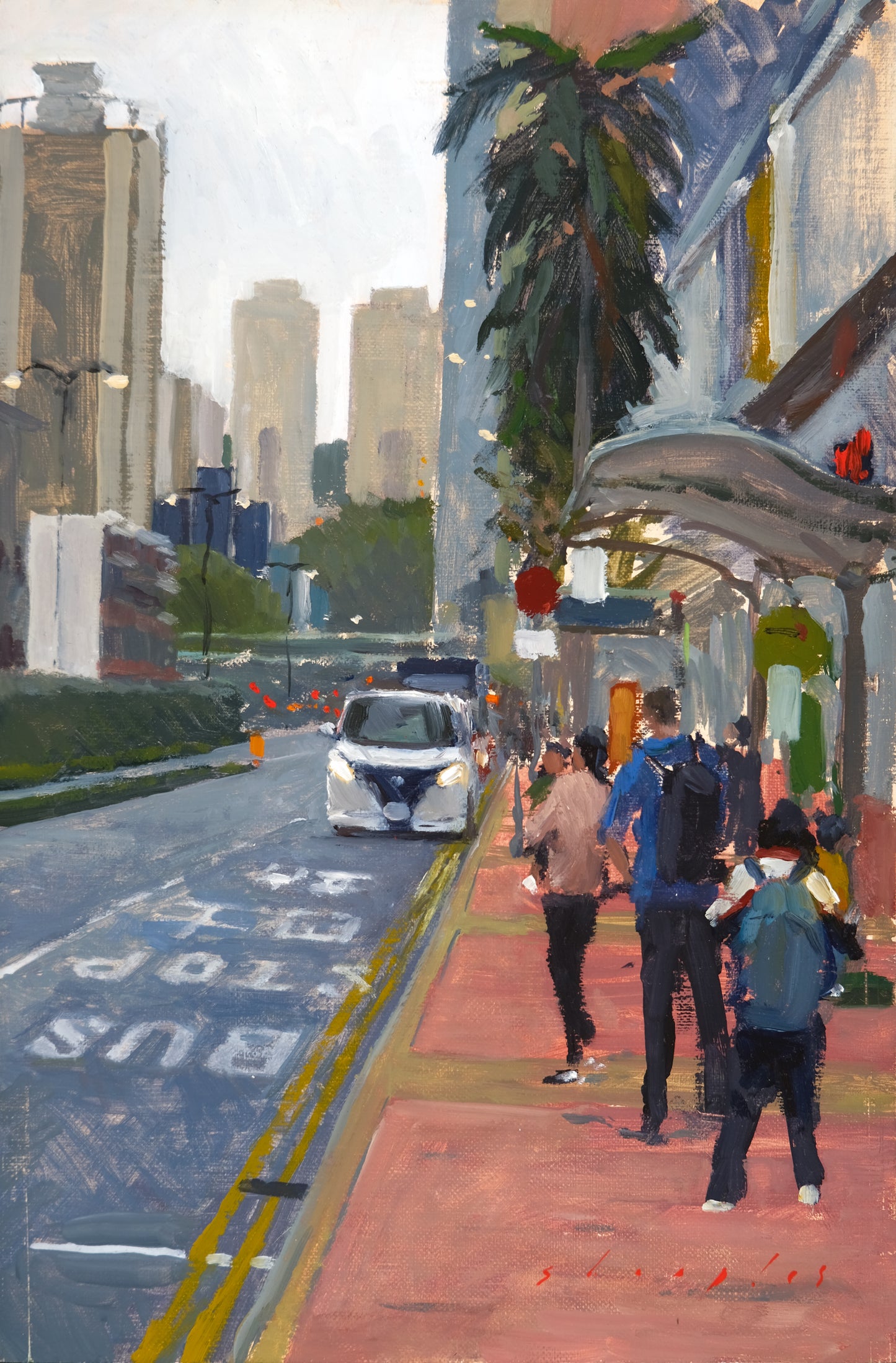 City street scene with pedestrians, a car, and tall buildings.