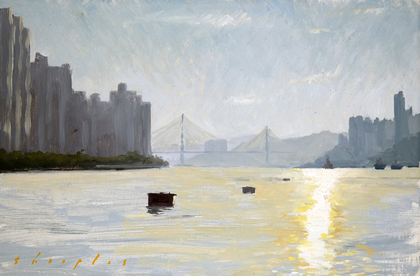 Cityscape with a bridge and buildings reflected in water, with a warm glow